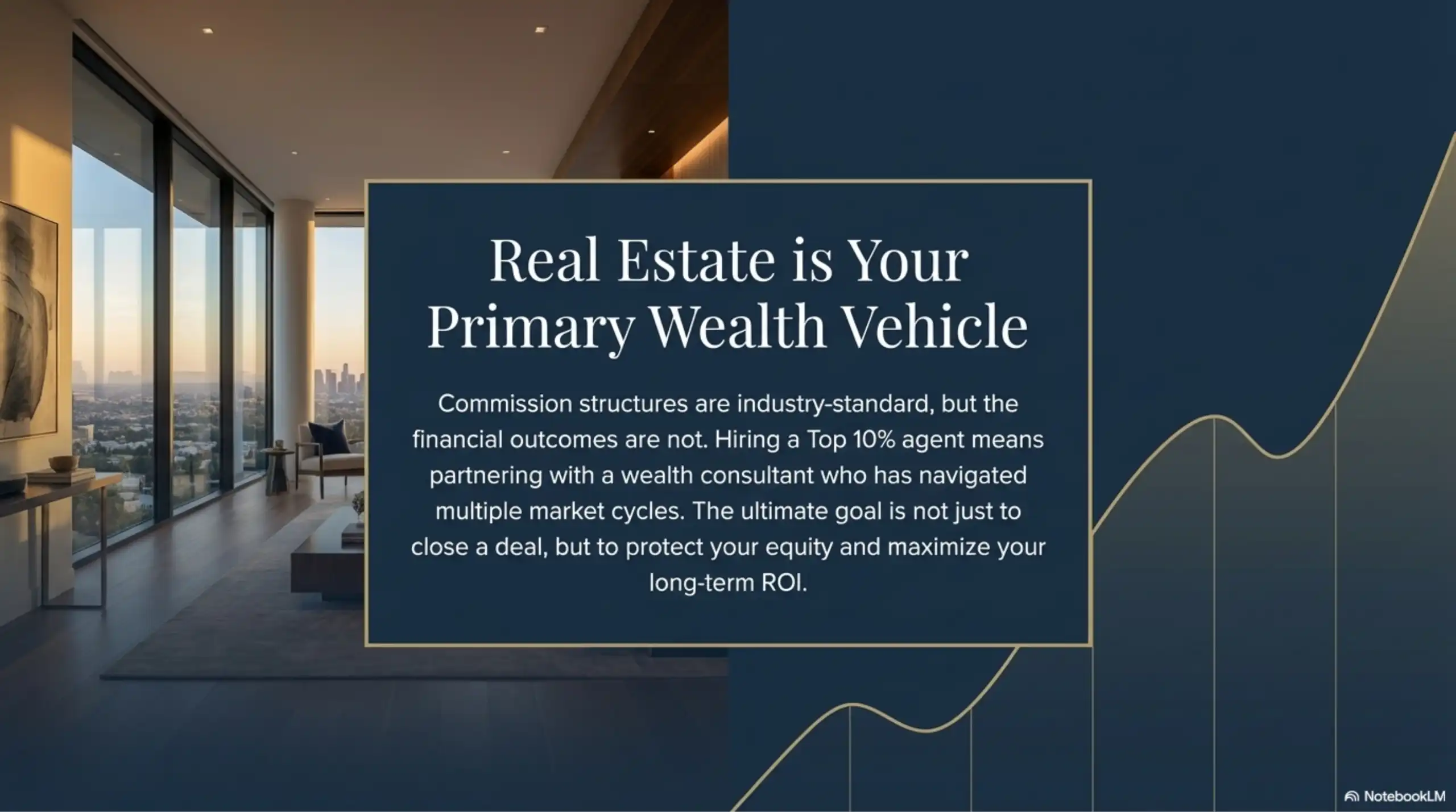 Split screen showing a modern apartment interior and a gold line graph on a blue background.