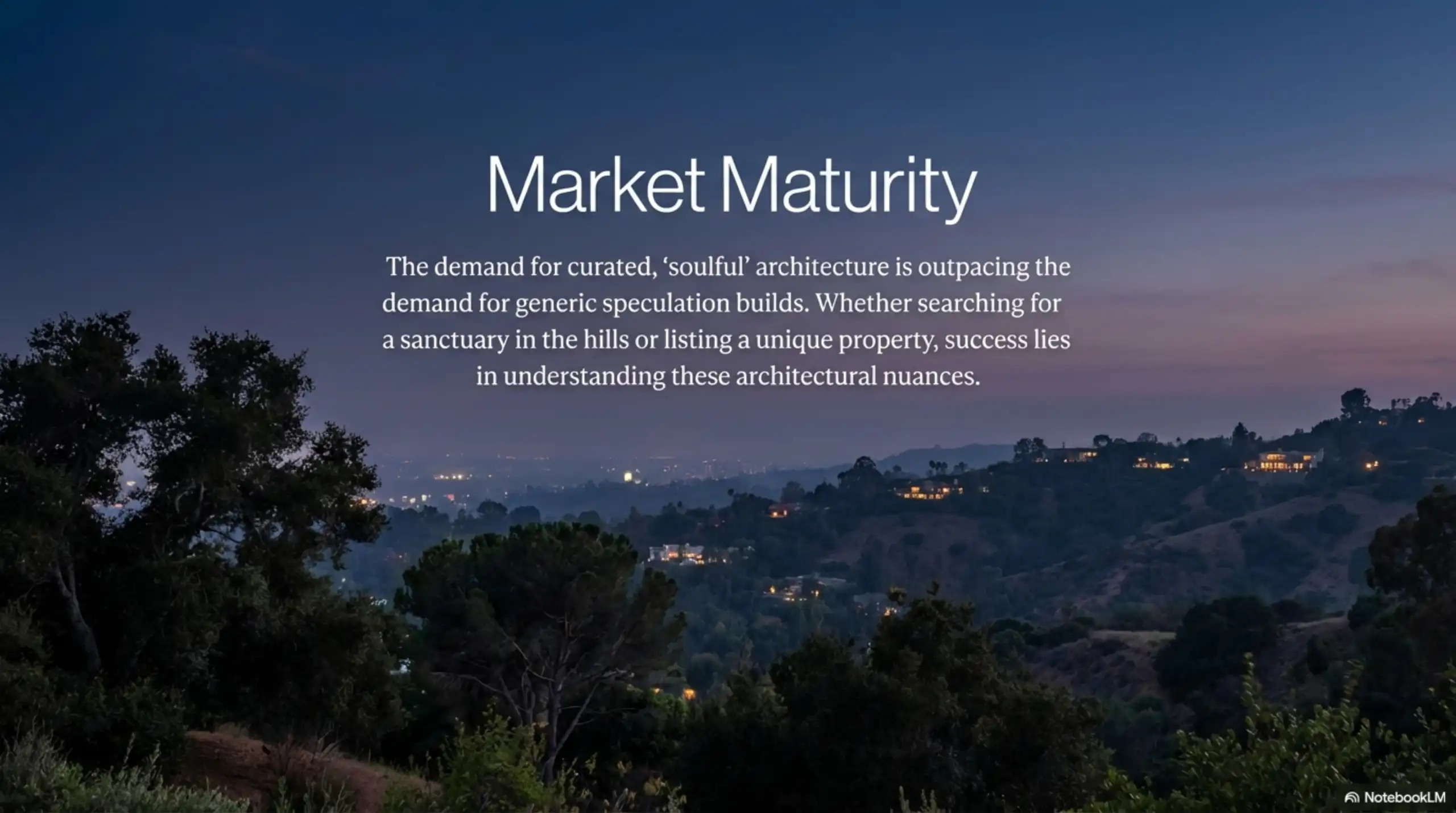 Slide titled "Market Maturity" featuring a twilight panoramic view of wooded hills and residential lights in Los Angeles.