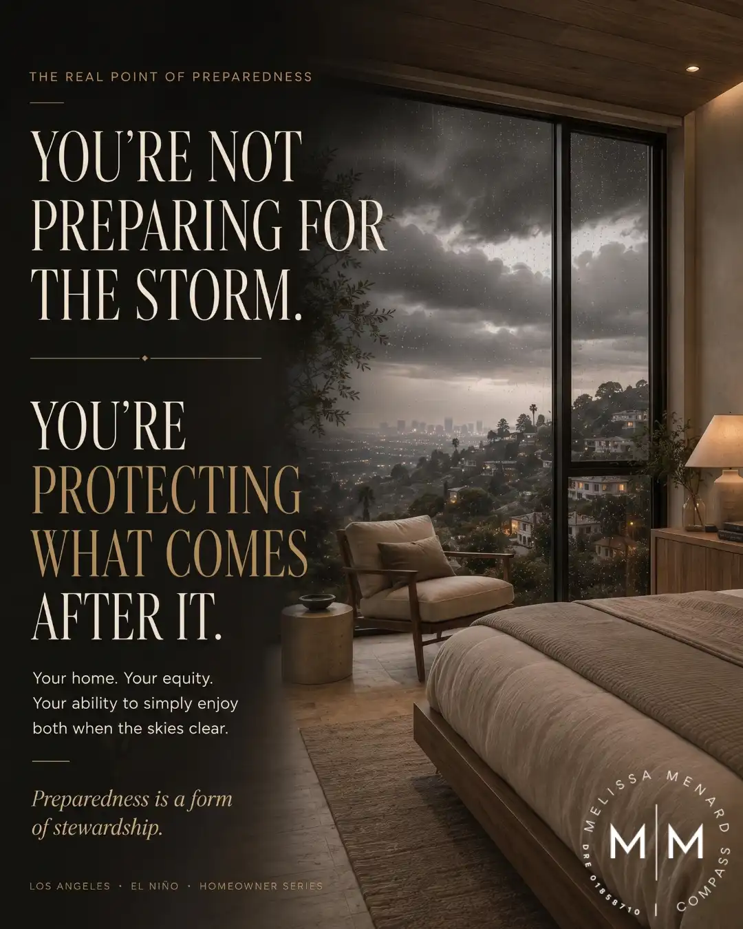 Graphic about protecting home equity over a background of a modern bedroom looking out a large window at a rainy city.
