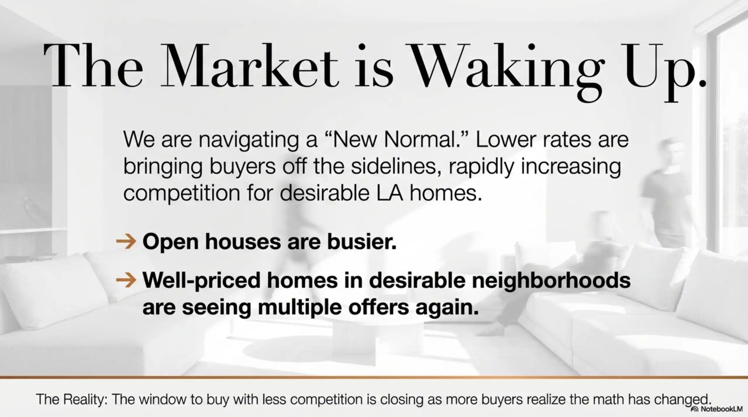 Interior living room scene with blurred motion and text stating The Market is Waking Up describing increased open house activity.
