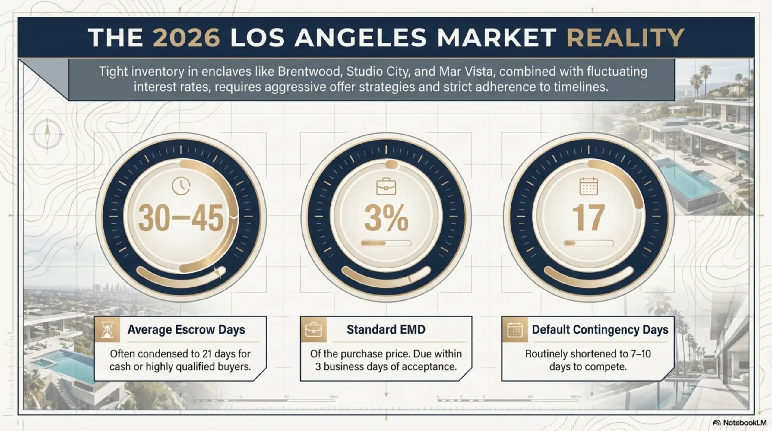 Infographic slide displaying three circular gauge charts. The first chart shows '30-45' for Average Escrow Days. The second chart indicates '3%' for Standard EMD. The third chart displays '17' for Default Contingency Days. The background is a faint topographical map pattern.
