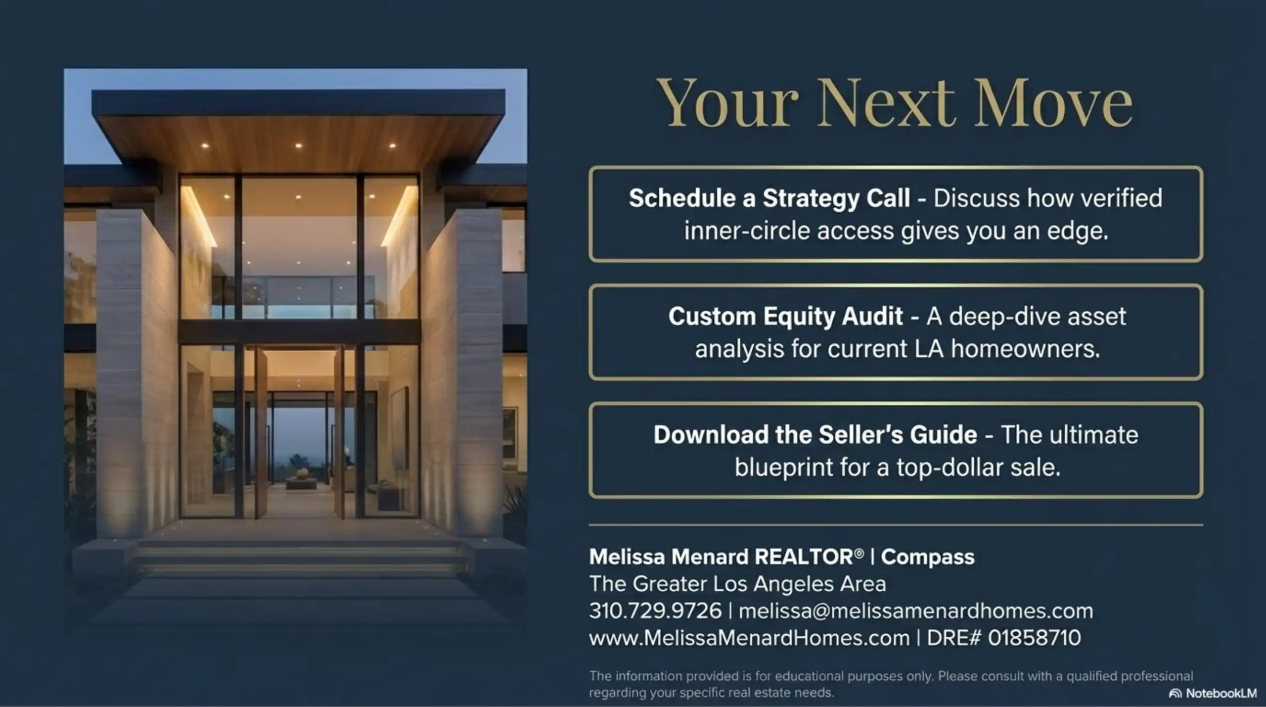 Dusk photo of a two-story modern glass house exterior with contact details.