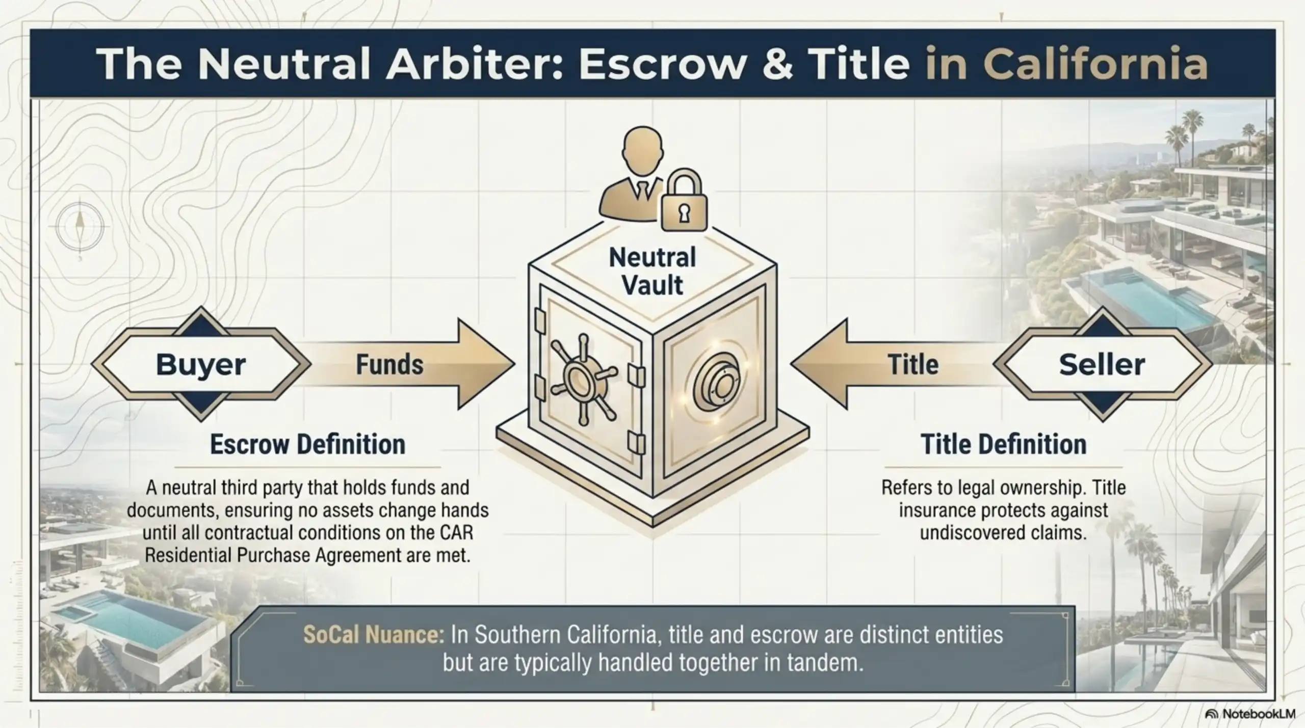 Informational diagram showing a central safe labeled 'Neutral Vault'. An arrow from 'Buyer' indicating 'Funds' points to the vault. An arrow from 'Seller' indicating 'Title' points to the vault. Includes text boxes defining Escrow Definition and Title Definition, noting Southern California tandem handling.