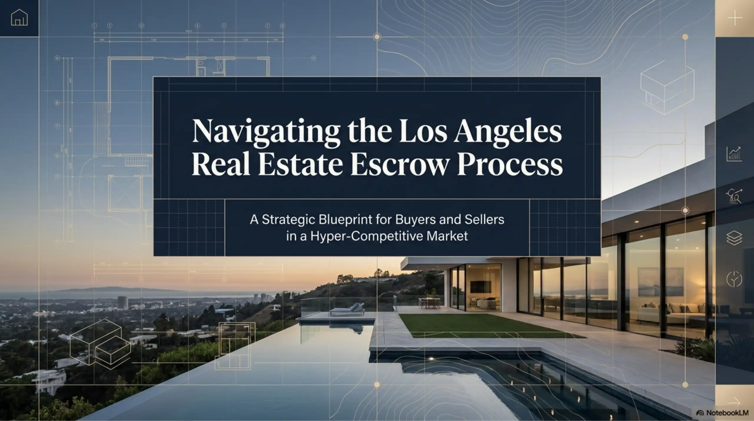 Presentation title slide displaying 'Navigating the Los Angeles Real Estate Escrow Process'. The background graphic features a white wireframe architectural blueprint transitioning into a photographic representation of a modern hillside residential exterior with a flat roof, large glass windows, and an infinity pool.