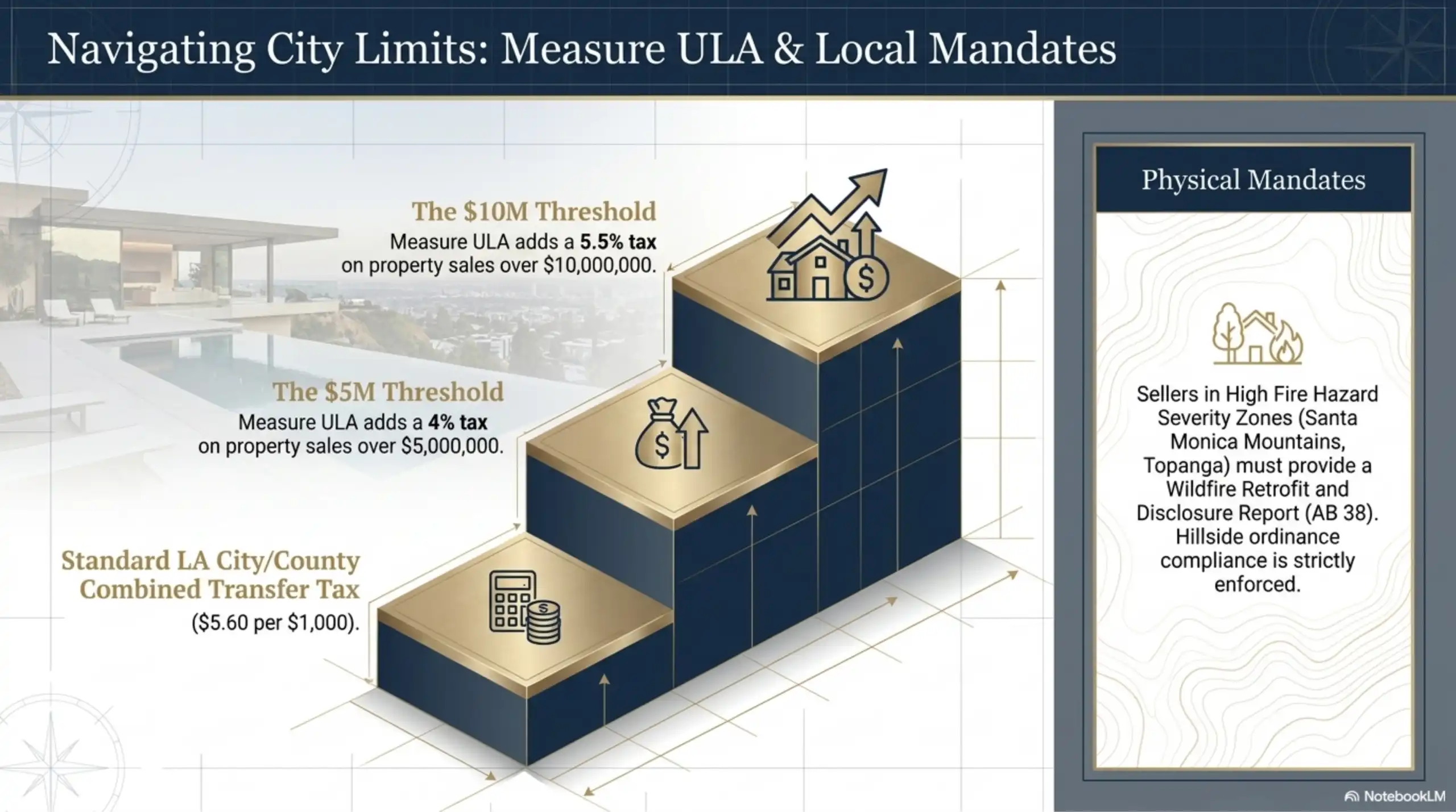 Informational slide featuring a three-tiered 3D bar chart. The lowest tier represents standard LA City/County transfer tax. The middle tier represents a 4% tax for a 5 million dollar threshold. The highest tier represents a 5.5% tax for a 10 million dollar threshold. A right-side panel details wildfire retrofit mandates.