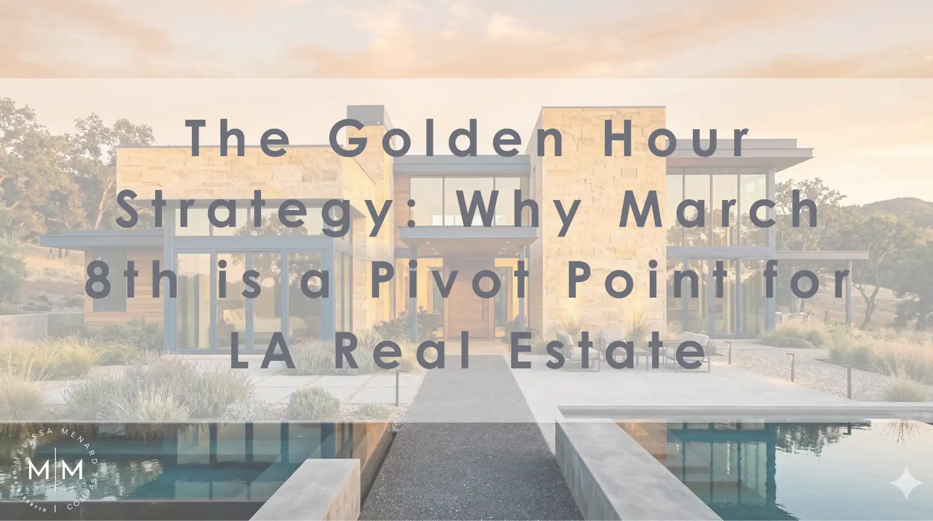 Modern Los Angeles estate exterior at sunset with sandstone walls, large glass windows, and a reflection pool.