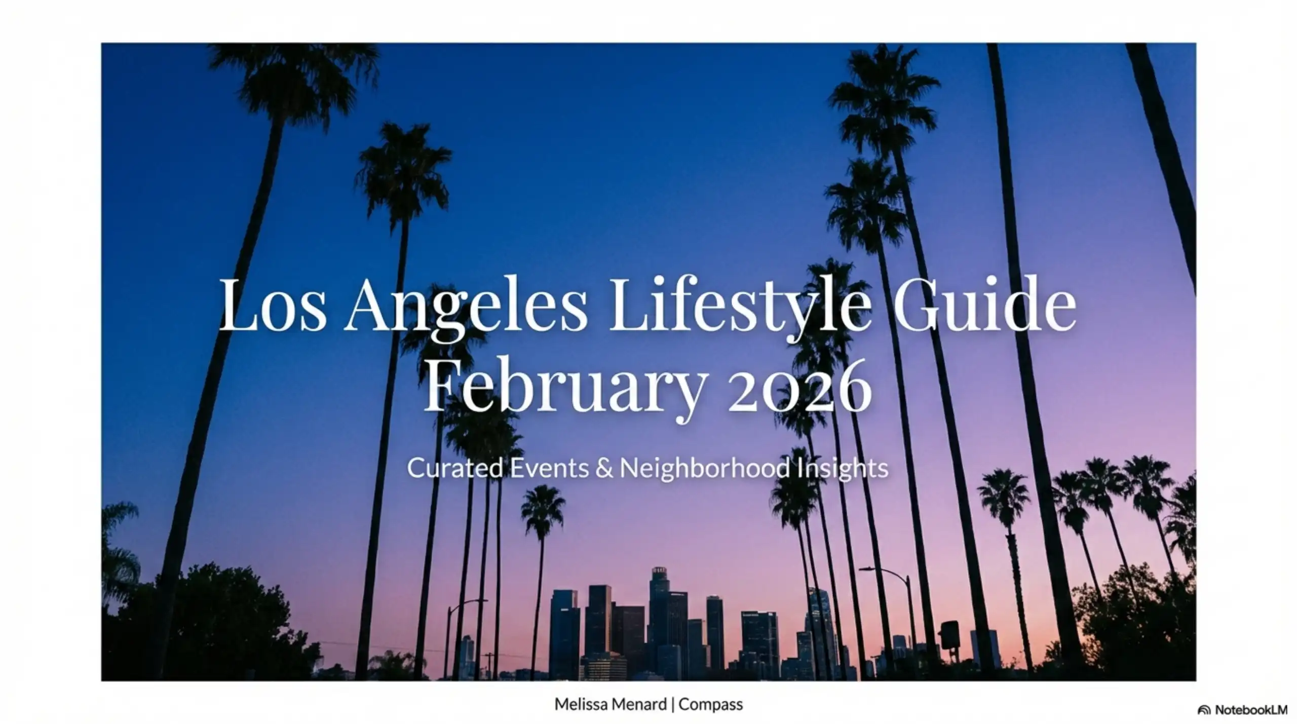 Downtown Los Angeles skyline at dusk framed by silhouetted palm trees.