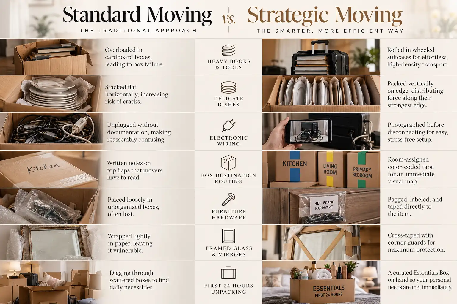 Infographic comparing traditional moving methods with strategic packing and organization hacks.