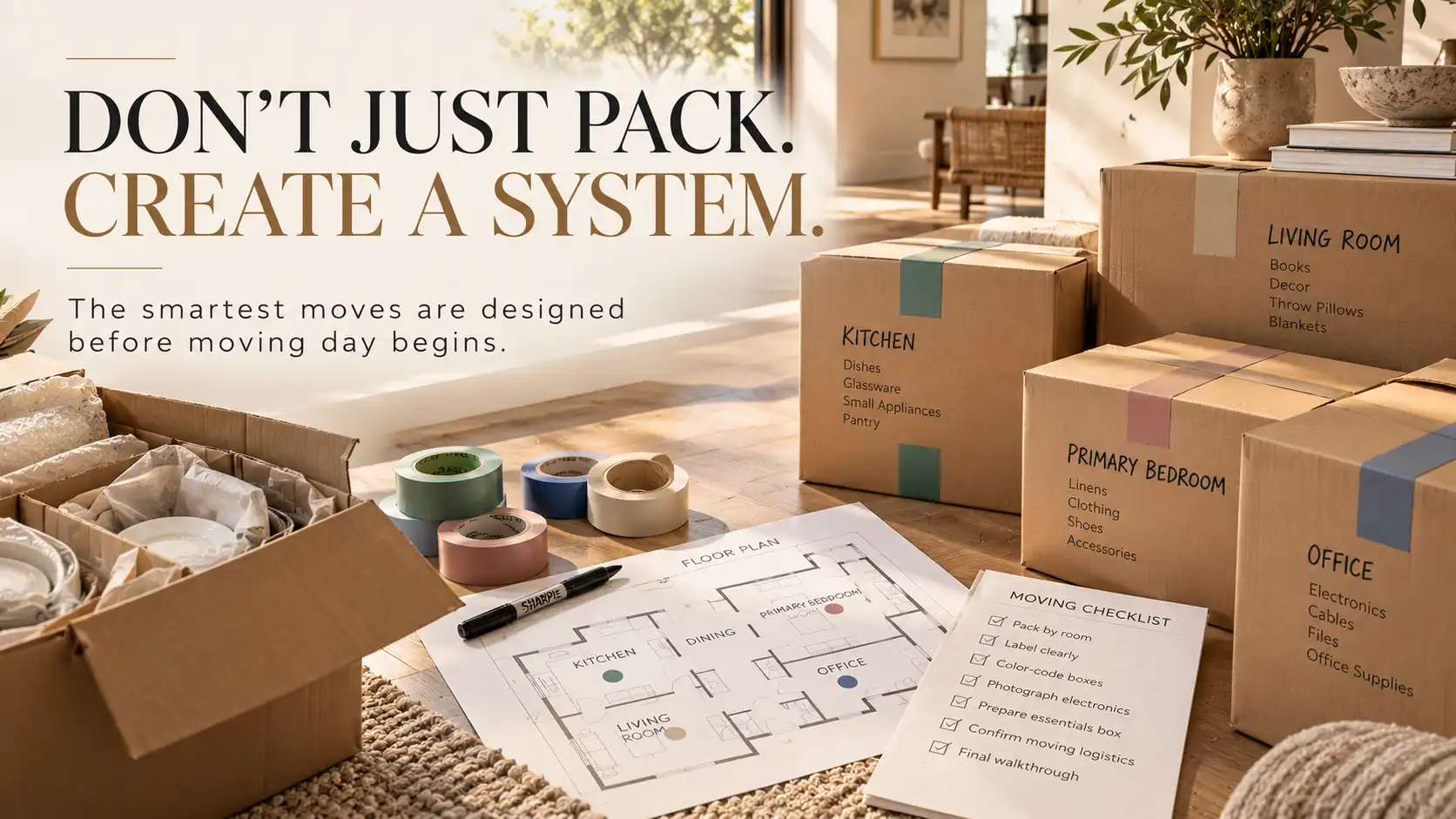 Moving boxes, colored tape, a floor plan, and a checklist on a wood floor with a text overlay about creating a system.