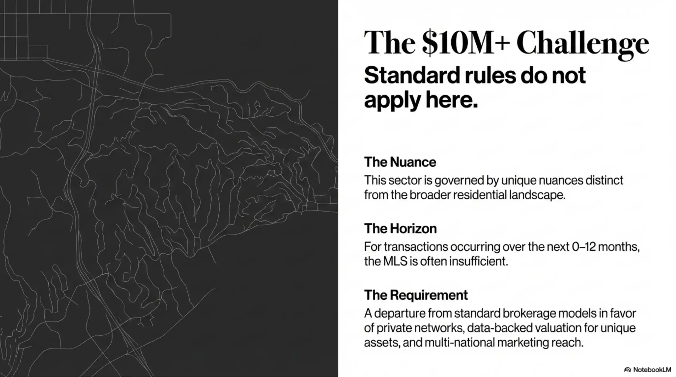 Topographic map of Los Angeles hills alongside text regarding market nuances.