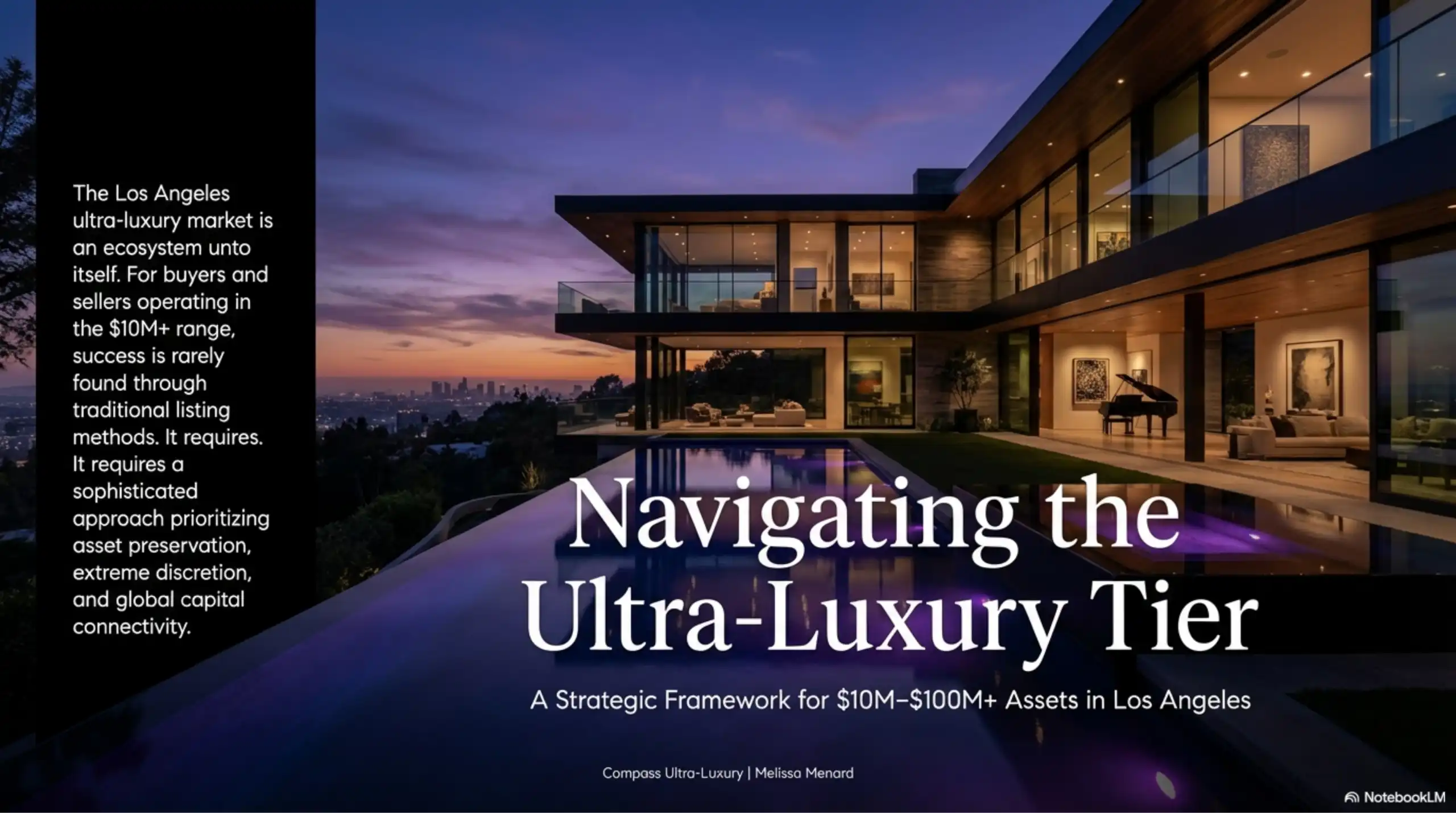 Modern multi-story residence with infinity pool at dusk overlooking the Los Angeles skyline.