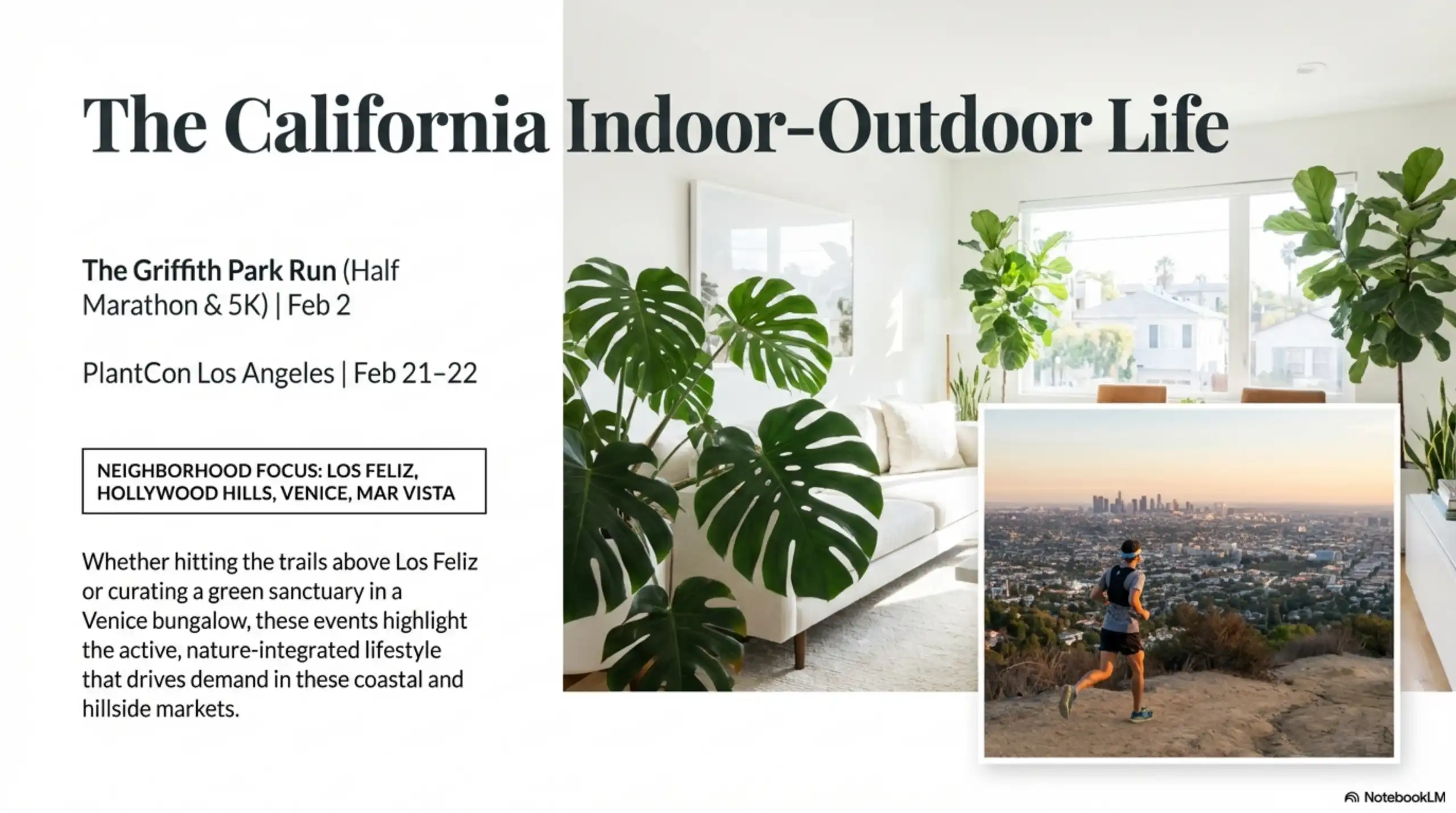 Bright living room with white sofa and plants, with an inset of a runner on a trail.