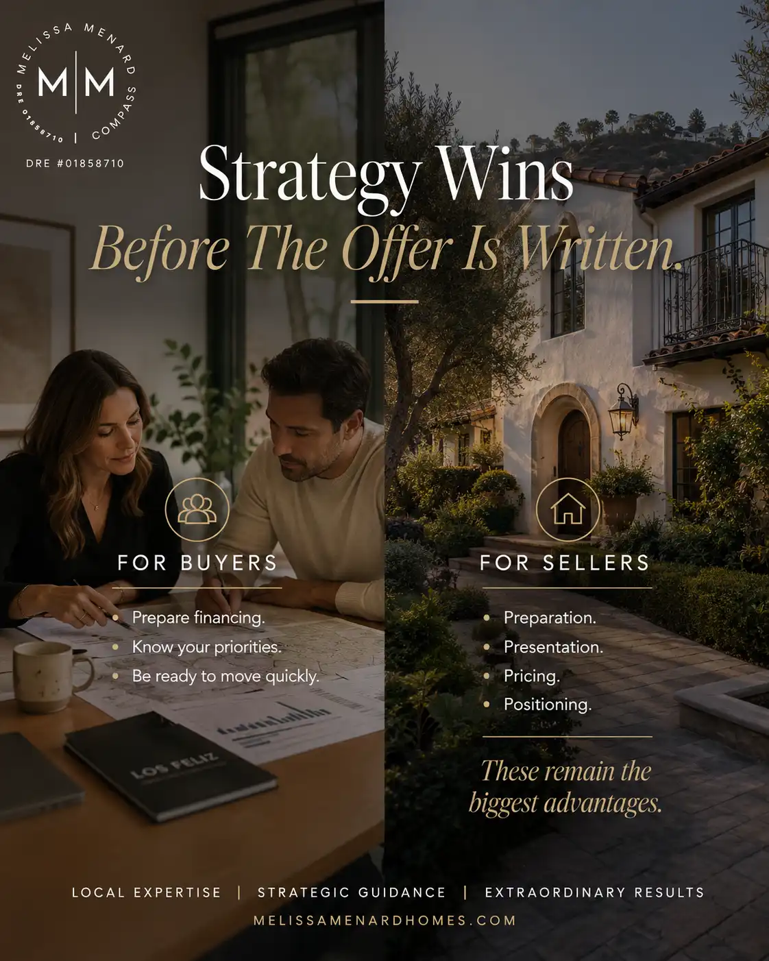 Split-panel image showing two people reviewing documents at a table on the left, and a residential exterior with stone steps on the right.