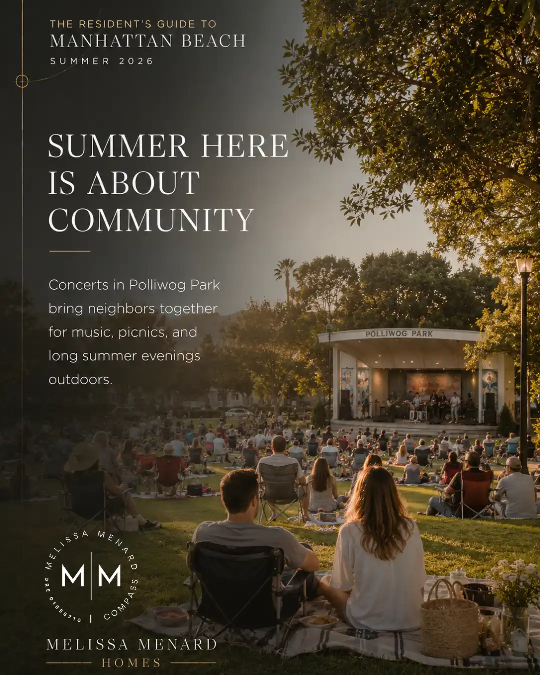 Wide shot of a public park setting during late afternoon. A large crowd is seated on a grassy lawn in folding chairs and on blankets. In the background, a white bandshell structure labeled 'POLLIWOG PARK' houses a musical band performing on stage, surrounded by mature trees.
