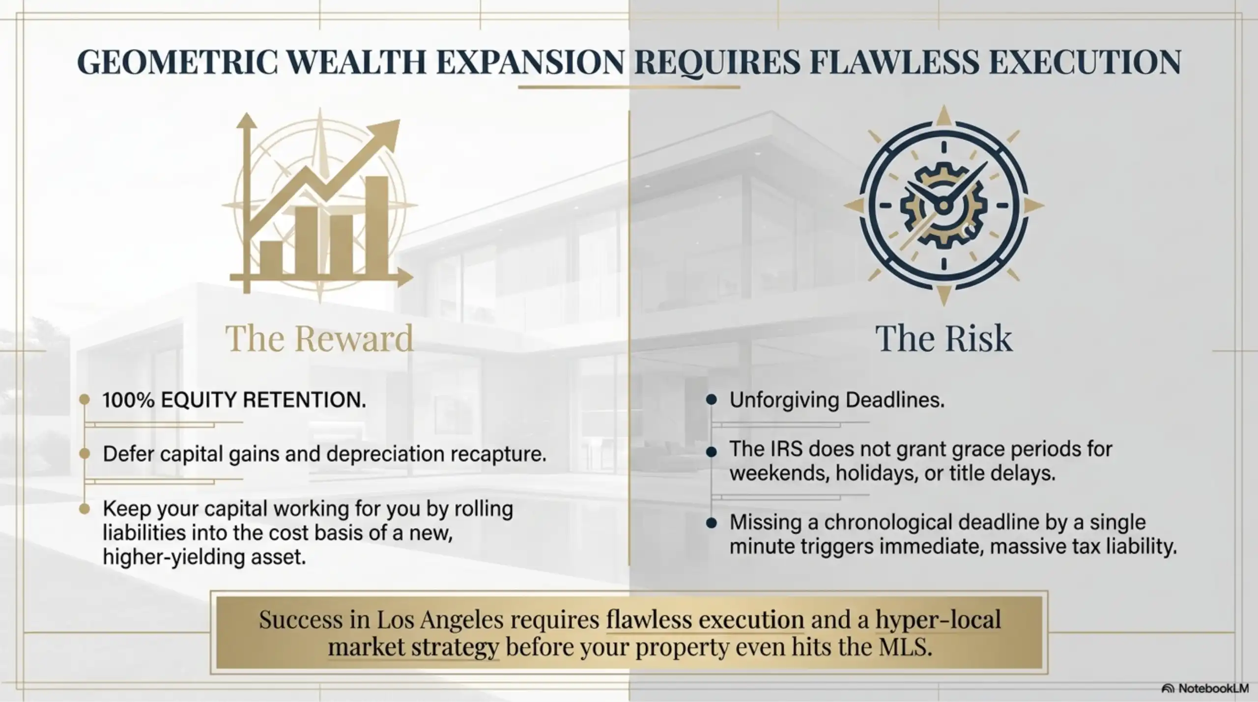 Presentation slide titled "Geometric Wealth Expansion Requires Flawless Execution" dividing 1031 exchange factors into rewards, such as equity retention and deferred capital gains, and risks, highlighting unforgiving deadlines.