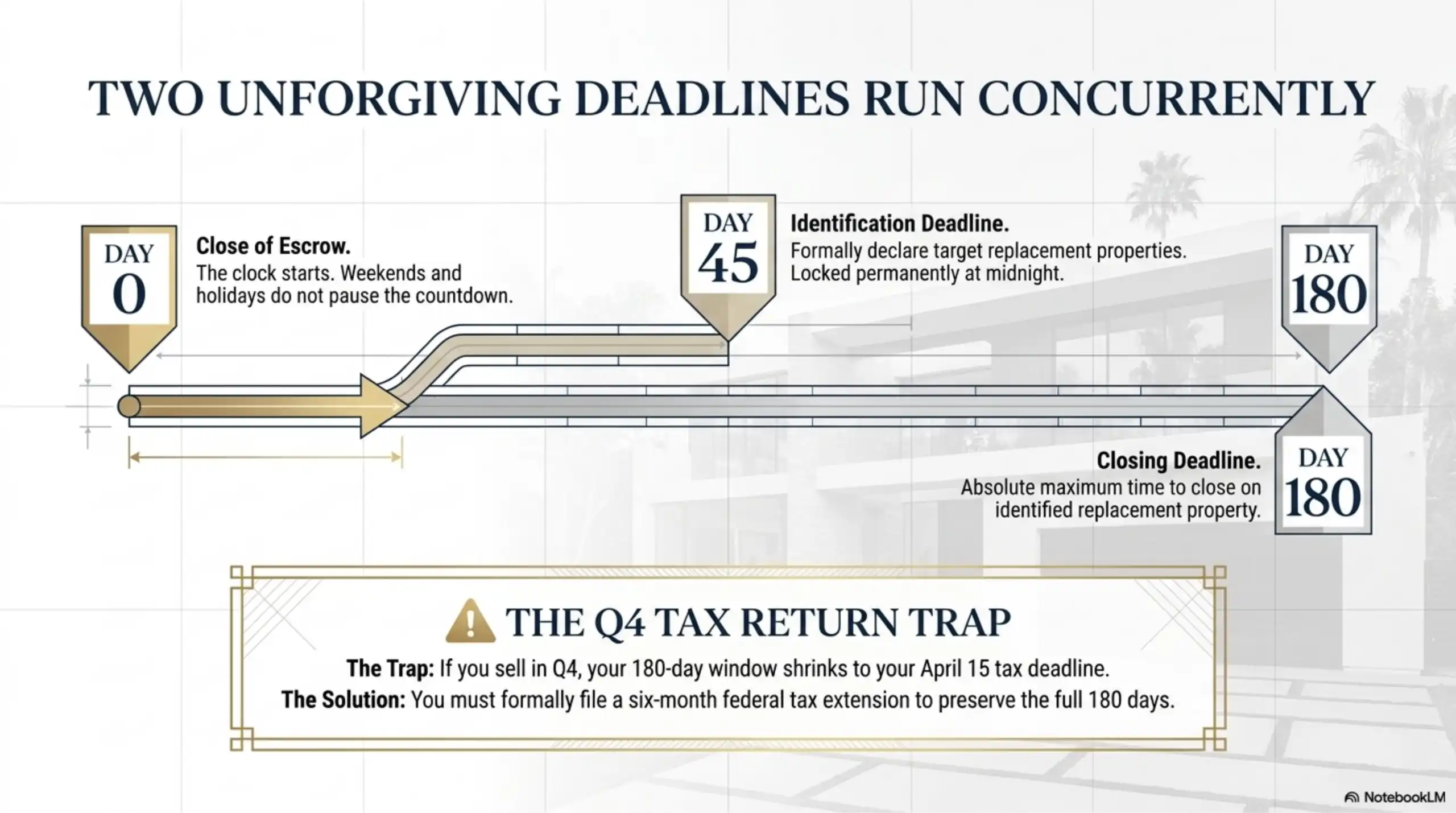 Timeline graphic displaying crucial 1031 exchange deadlines starting from day zero close of escrow, mapping out the 45-day identification deadline and the 180-day closing deadline, alongside a Q4 tax return note.