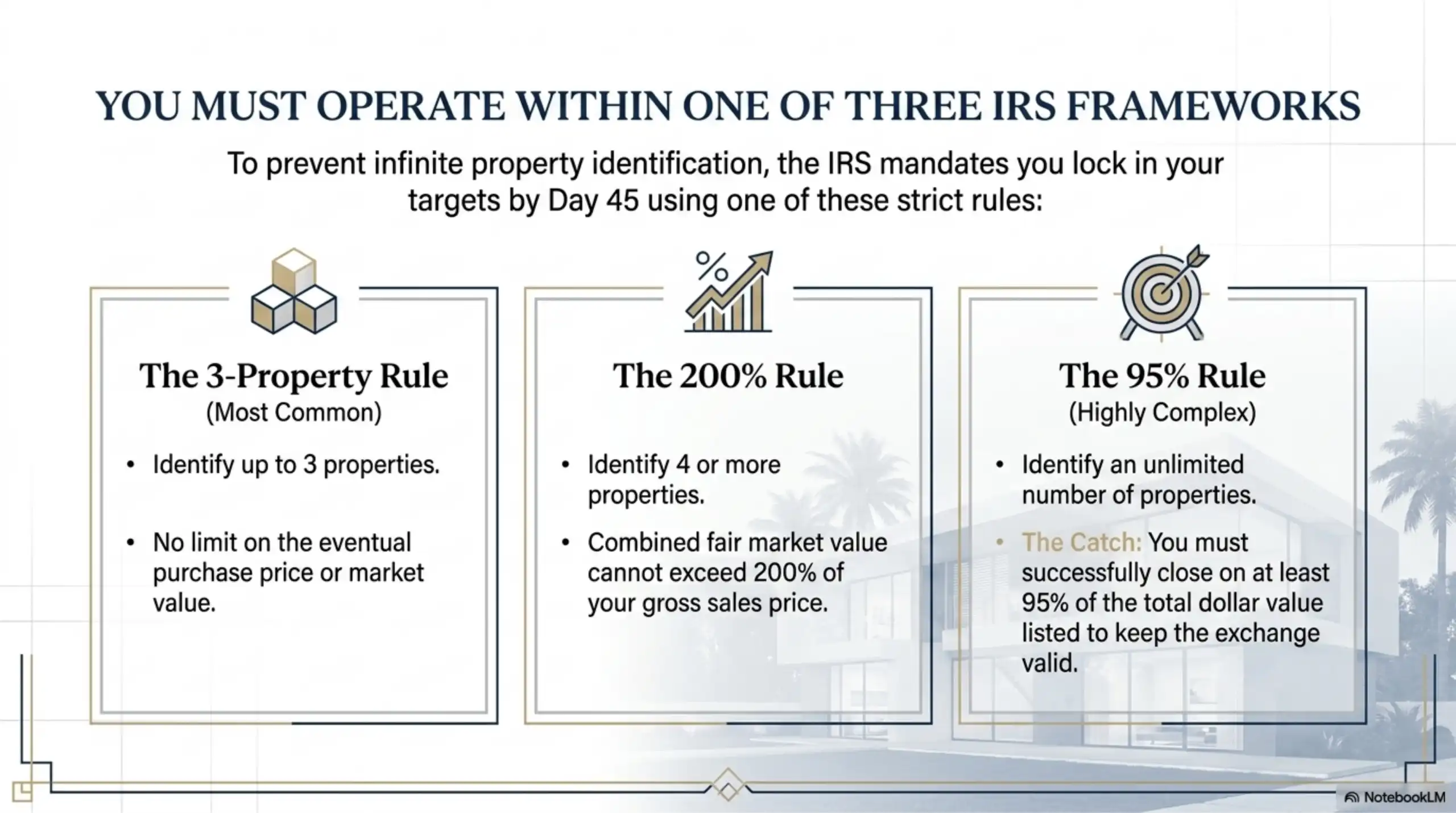 Graphic overview detailing the three strict IRS frameworks for locking in target properties by Day 45, featuring icons for the 3-Property Rule, the 200% Rule, and the 95% Rule.
