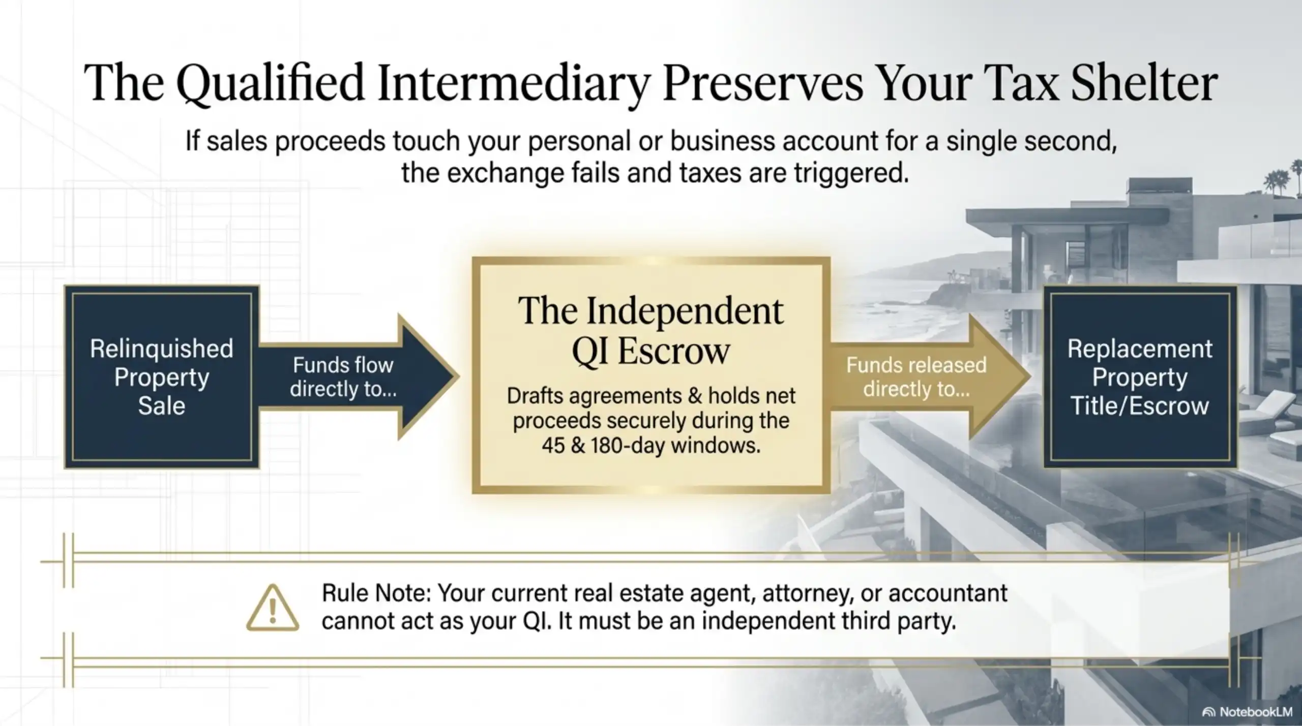 Flow diagram illustrating funds moving directly from a relinquished property sale to an independent QI escrow, and then directly to the replacement property title or escrow.