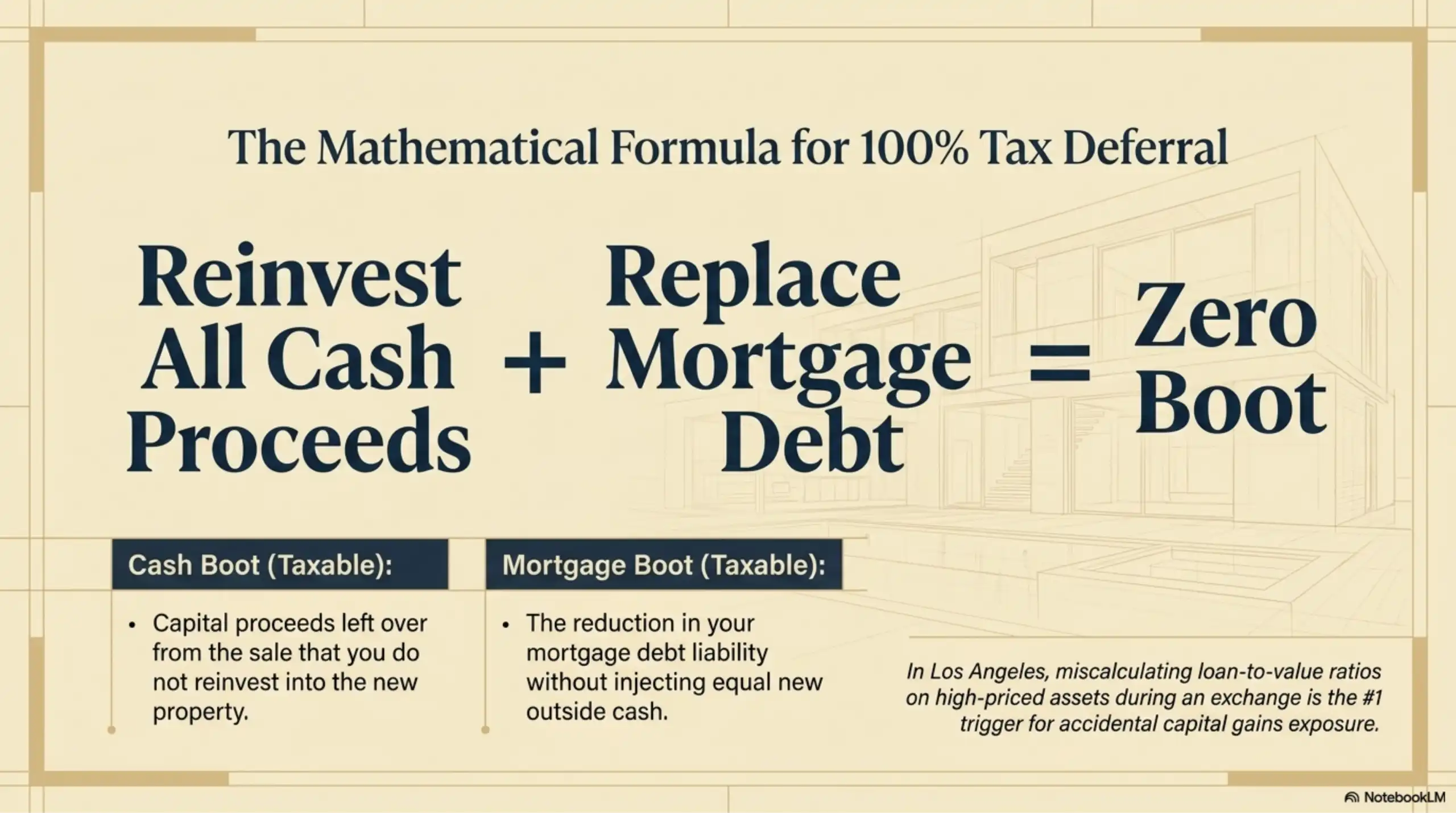 Mathematical presentation slide displaying the formula for 100% tax deferral, showing that reinvesting all cash proceeds plus replacing mortgage debt equals zero boot.