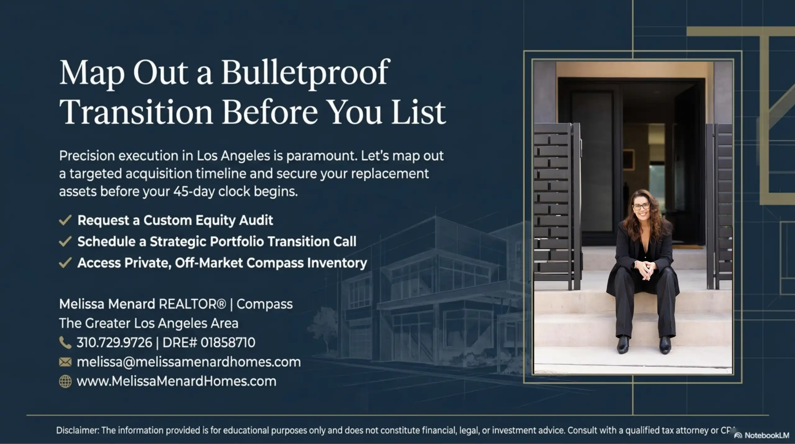 Professional biography and contact slide for Melissa Menard with Compass in the Greater Los Angeles Area, including an image of the agent seated on concrete steps in front of a modern doorway.
