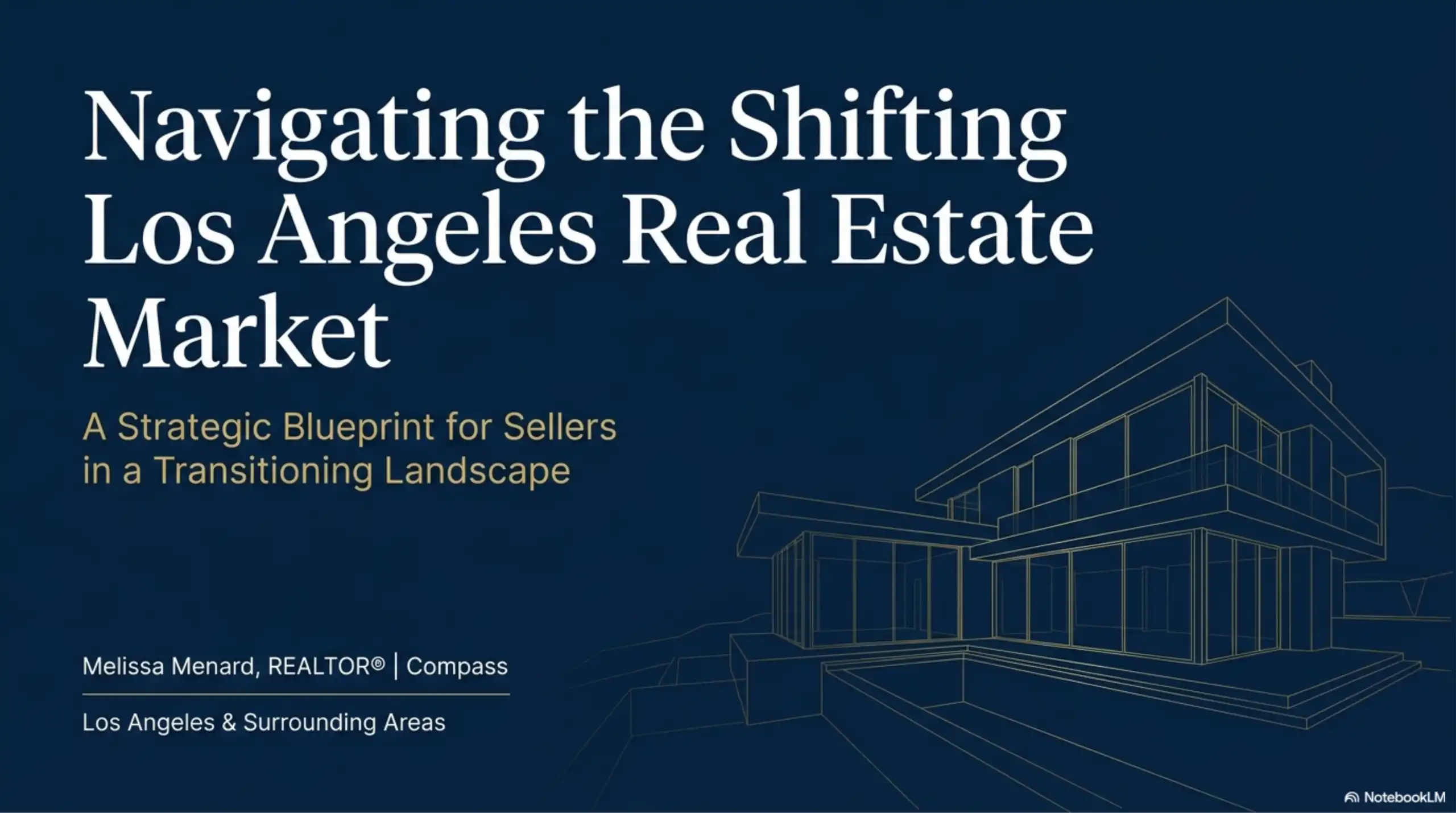 Real estate presentation title slide for Los Angeles market with modern house line art.
