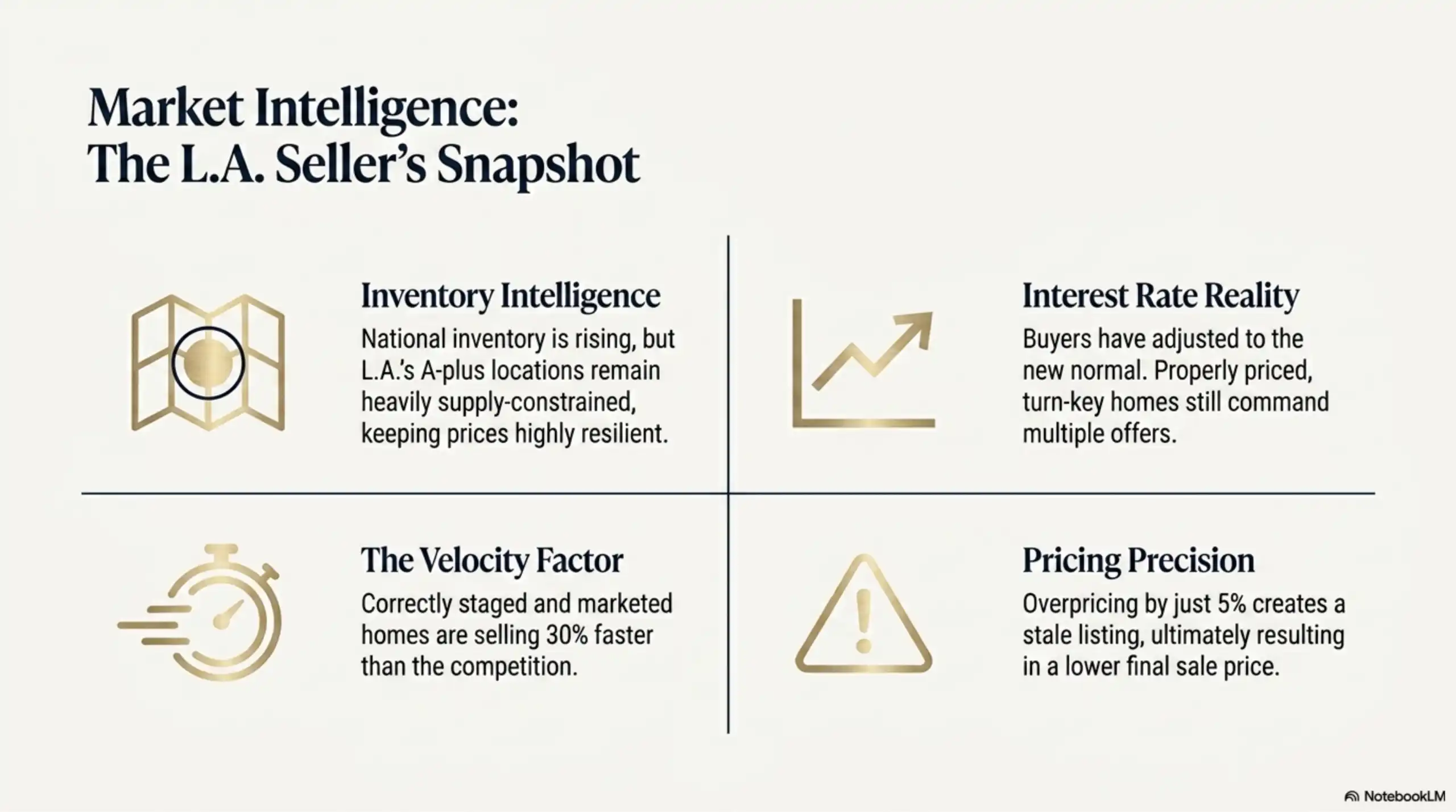Real estate presentation slide showing equity leverage and Los Angeles ULA tax alert.