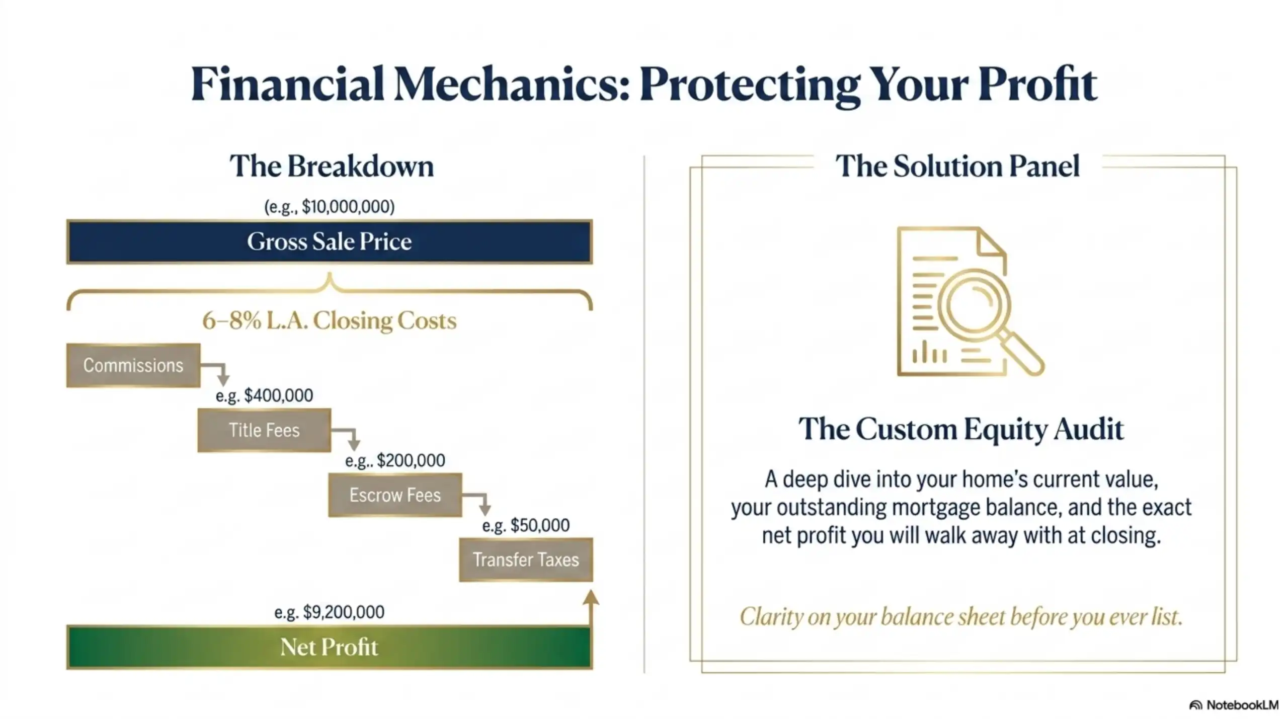 Real estate financial slide showing gross sale price vs net profit after closing costs.