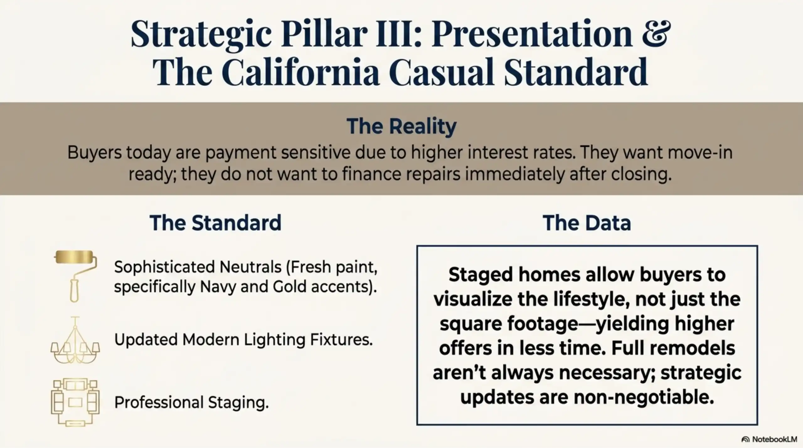 Real estate slide showing home update standards for fresh paint and lighting.