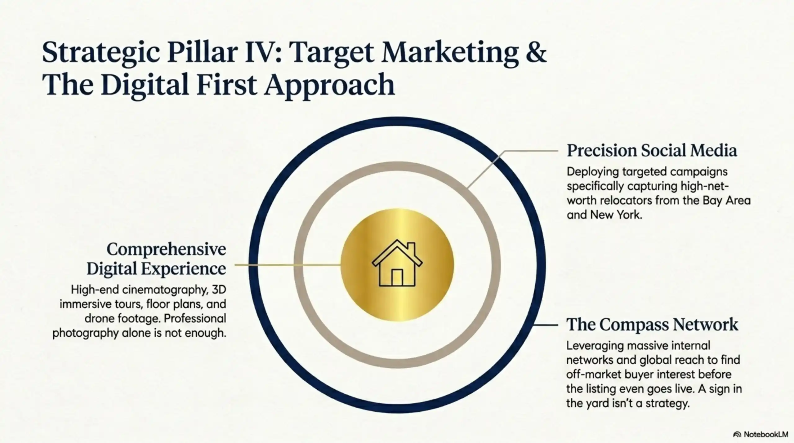 Real estate digital marketing strategy slide showing social media and network reach.