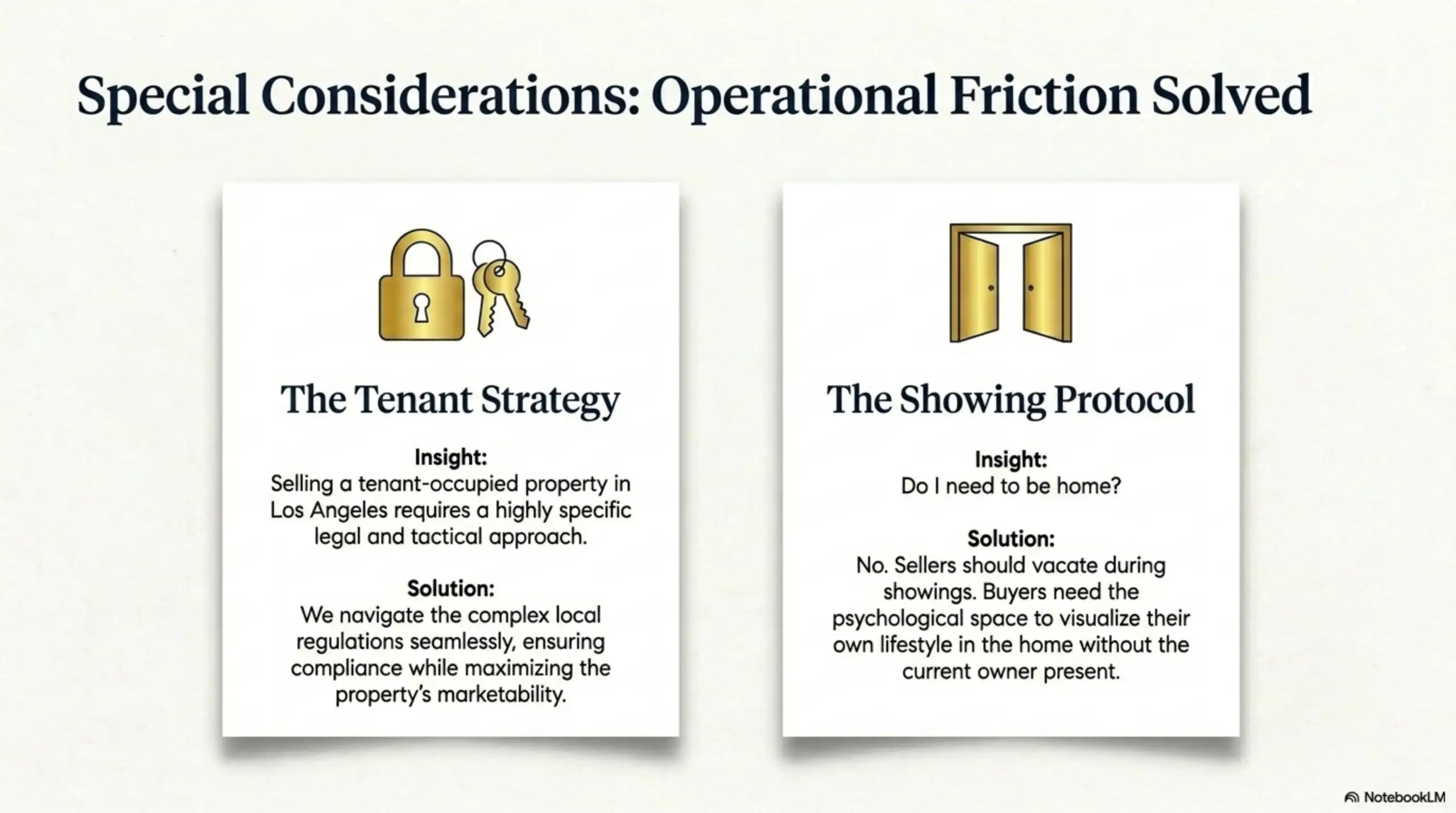 Real estate slide explaining tenant-occupied sale strategy and showing protocols.