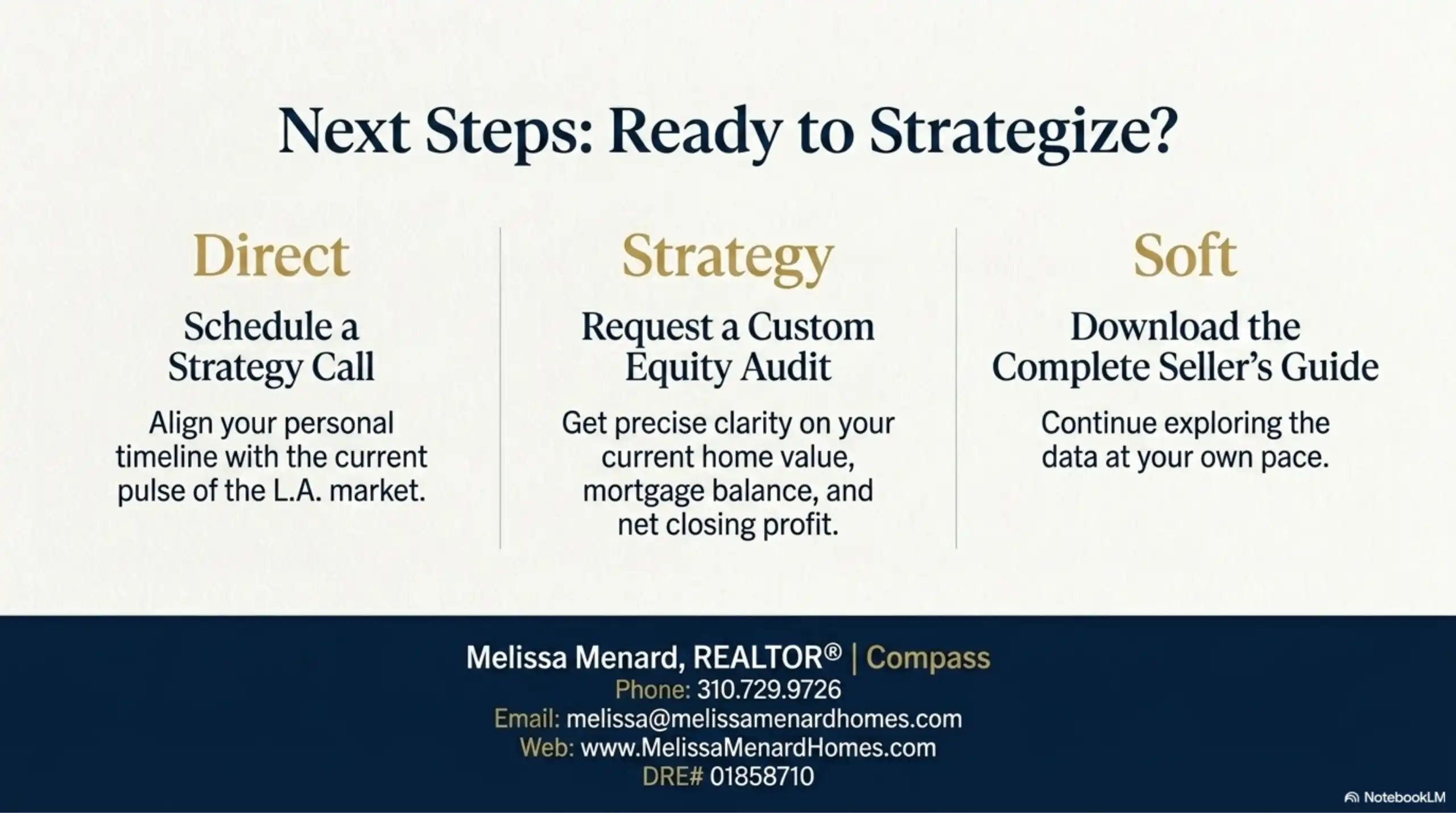 Real estate agent contact information slide with DRE number and service options.