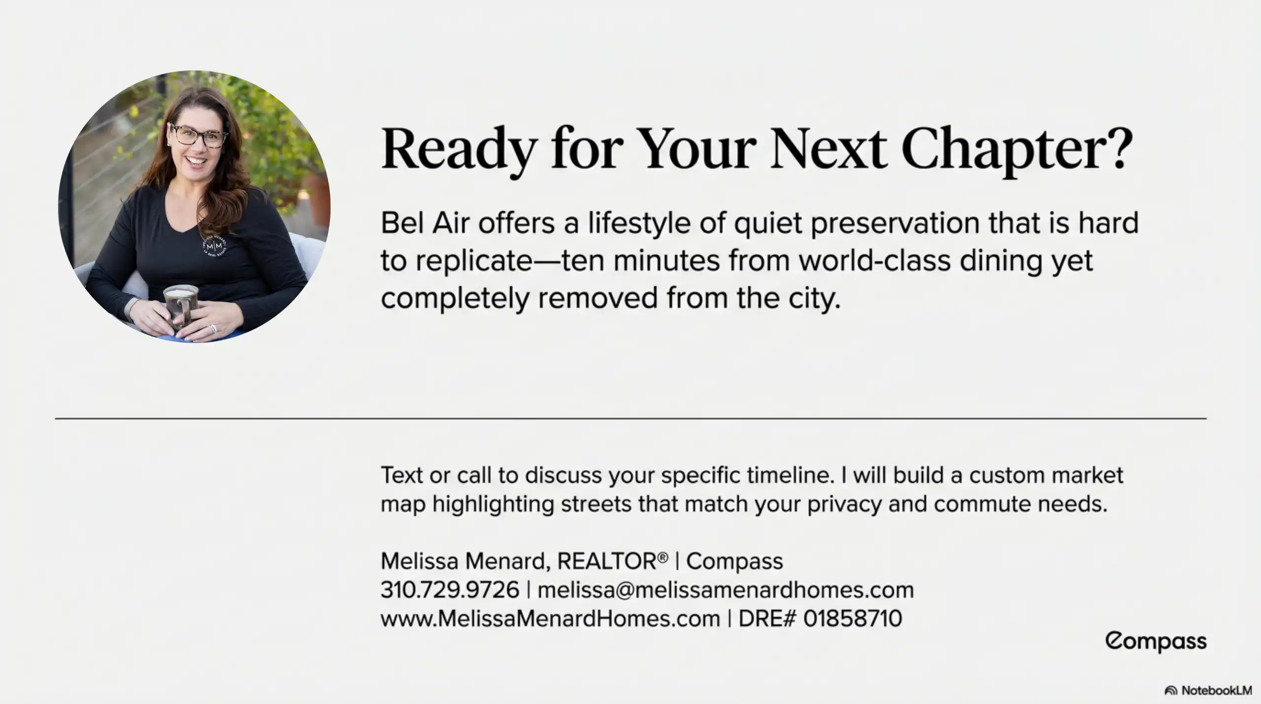 Closing slide featuring a photo of Melissa Menard and contact details with the Compass logo.