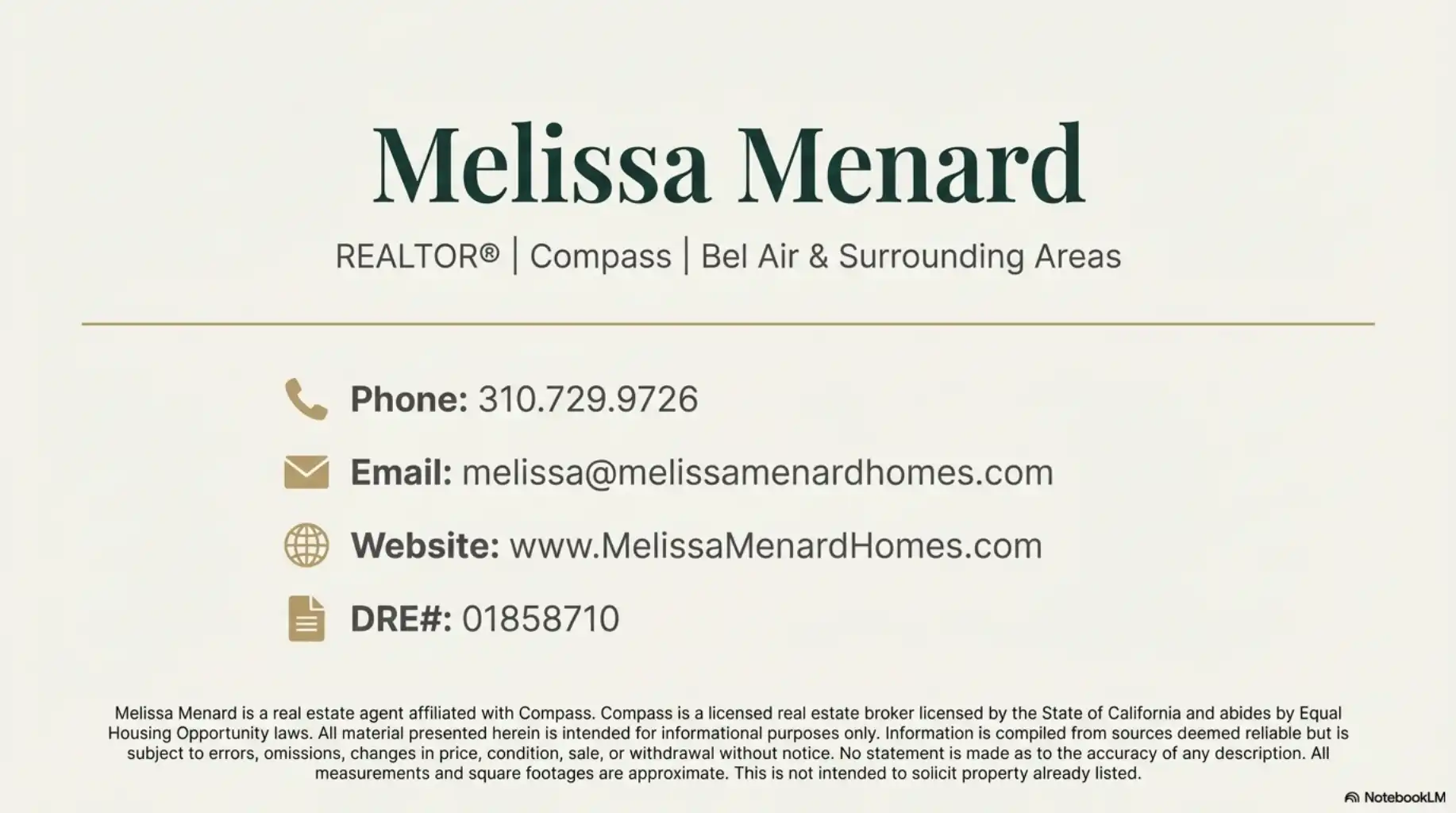 Digital business card for Melissa Menard, Realtor at Compass, with phone, email, and website details.
