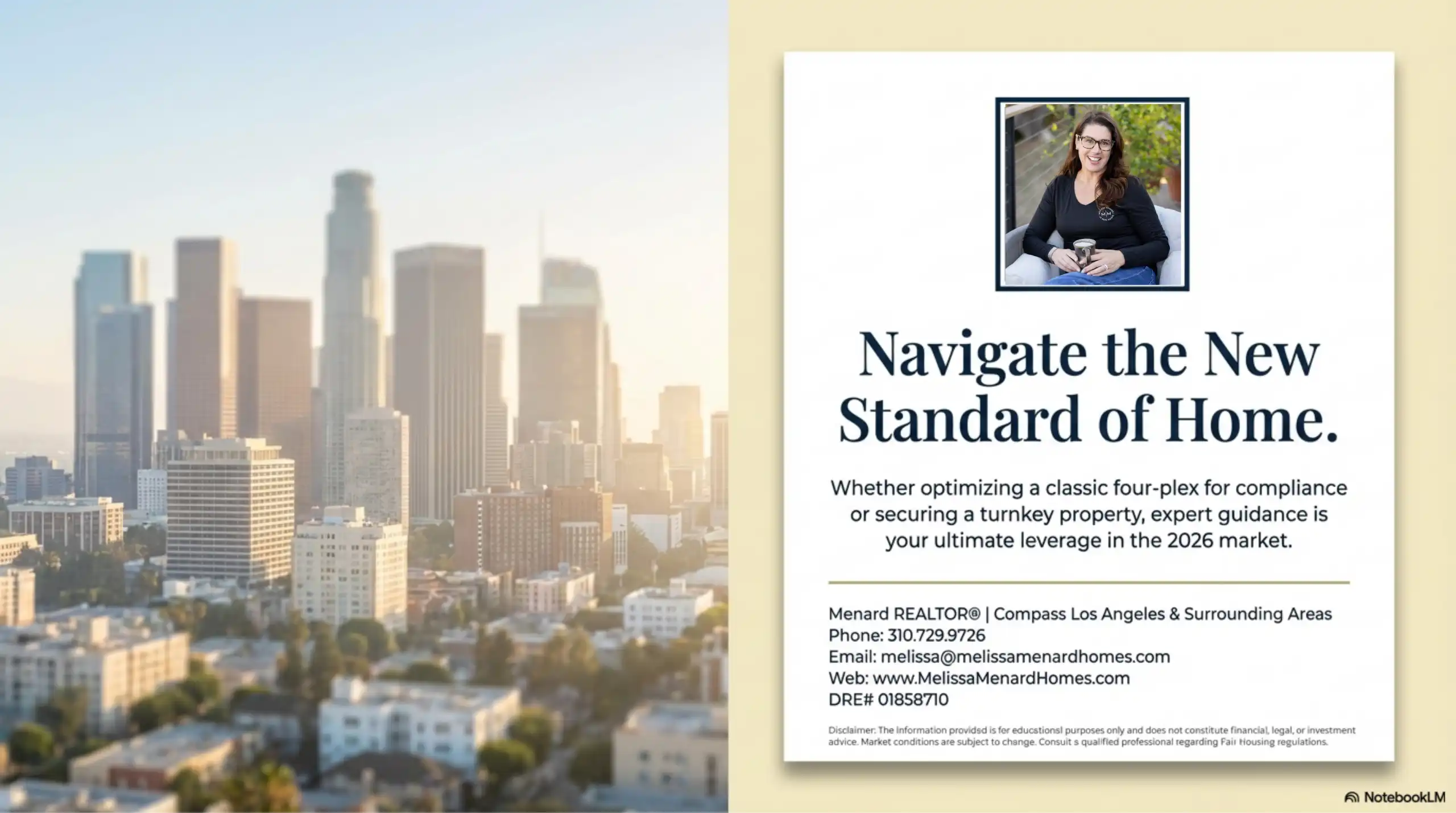 Split image of the Los Angeles skyline and a professional realtor headshot.