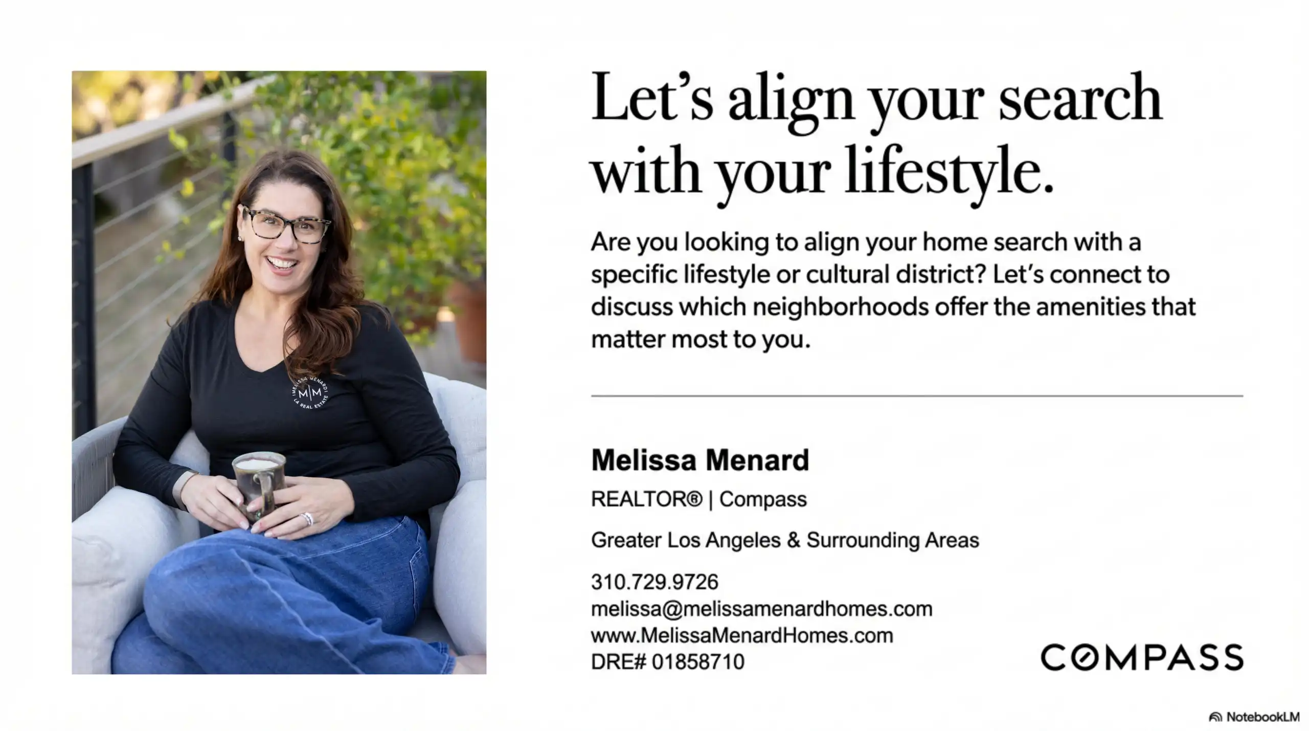 Portrait of Compass real estate agent Melissa Menard seated on an outdoor patio deck