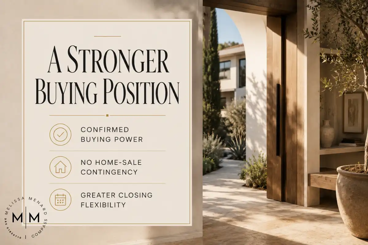 Text overlay reading "A Stronger Buying Position" with three icons on the left. On the right, a smooth stucco exterior features a large archway leading to a heavy, vertical-plank solid wood front door with a long black metal pull handle. The flooring consists of rectangular travertine stone tiles. A large terracotta pot with an olive tree sits to the right of the entryway.