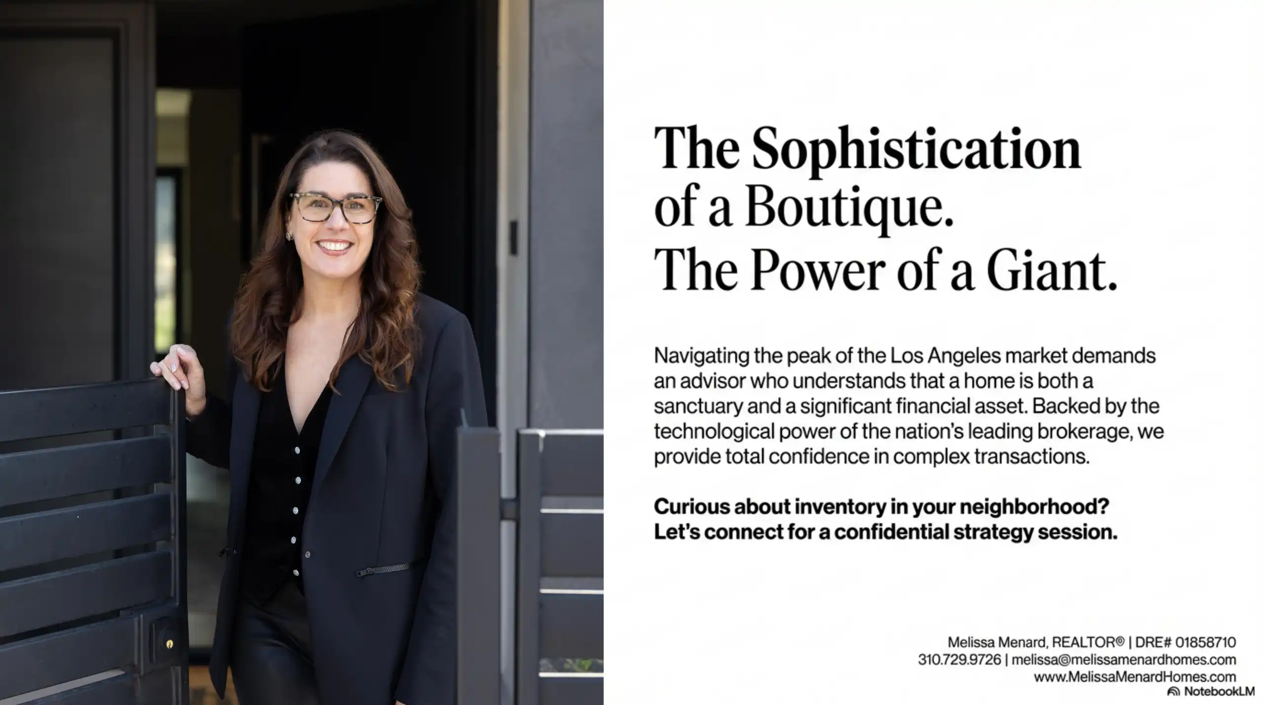 Portrait of a female real estate professional with glasses standing in front of a modern entrance.