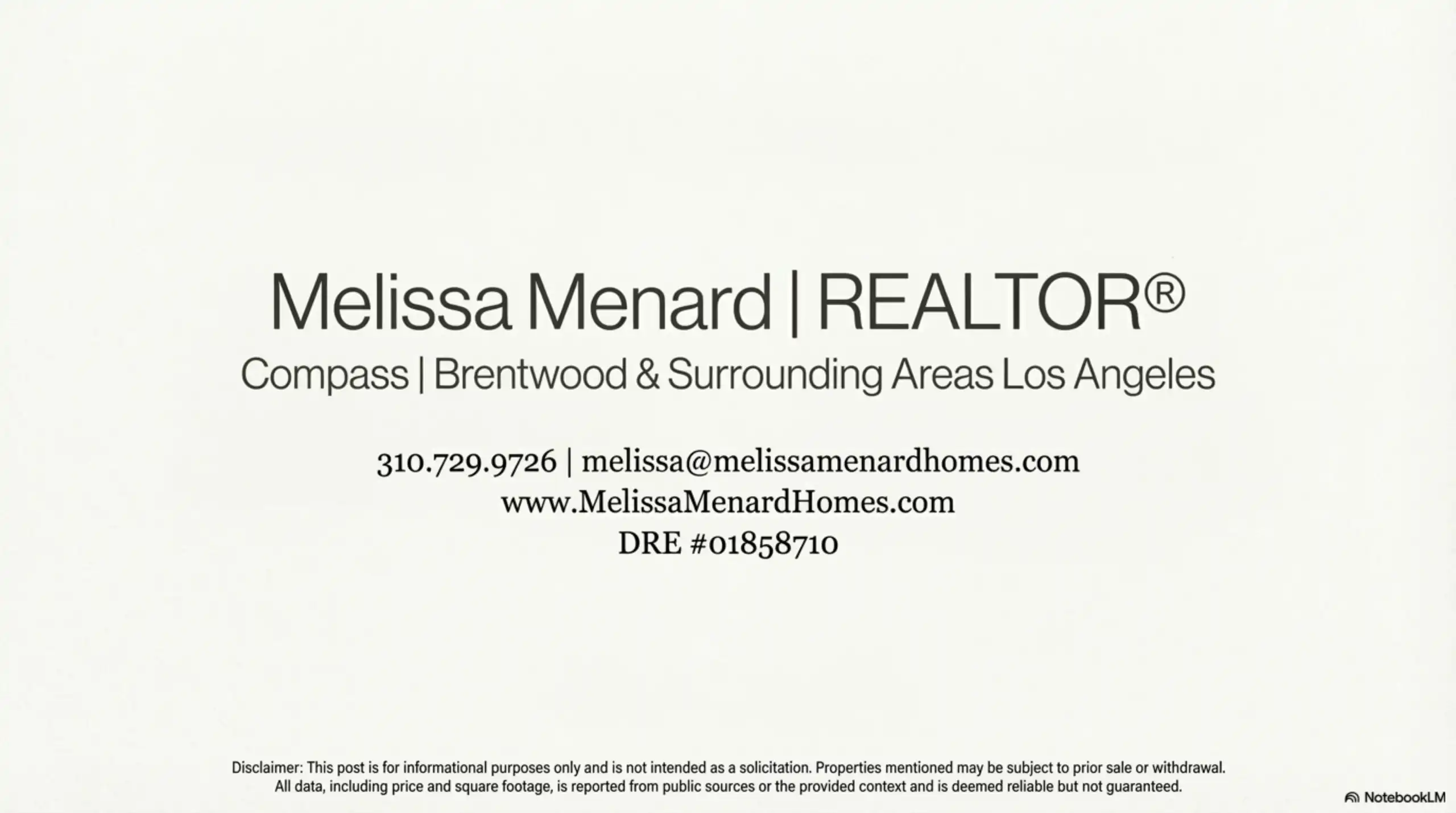 Digital business card for Melissa Menard, Realtor with Compass, serving Brentwood and surrounding Los Angeles areas.