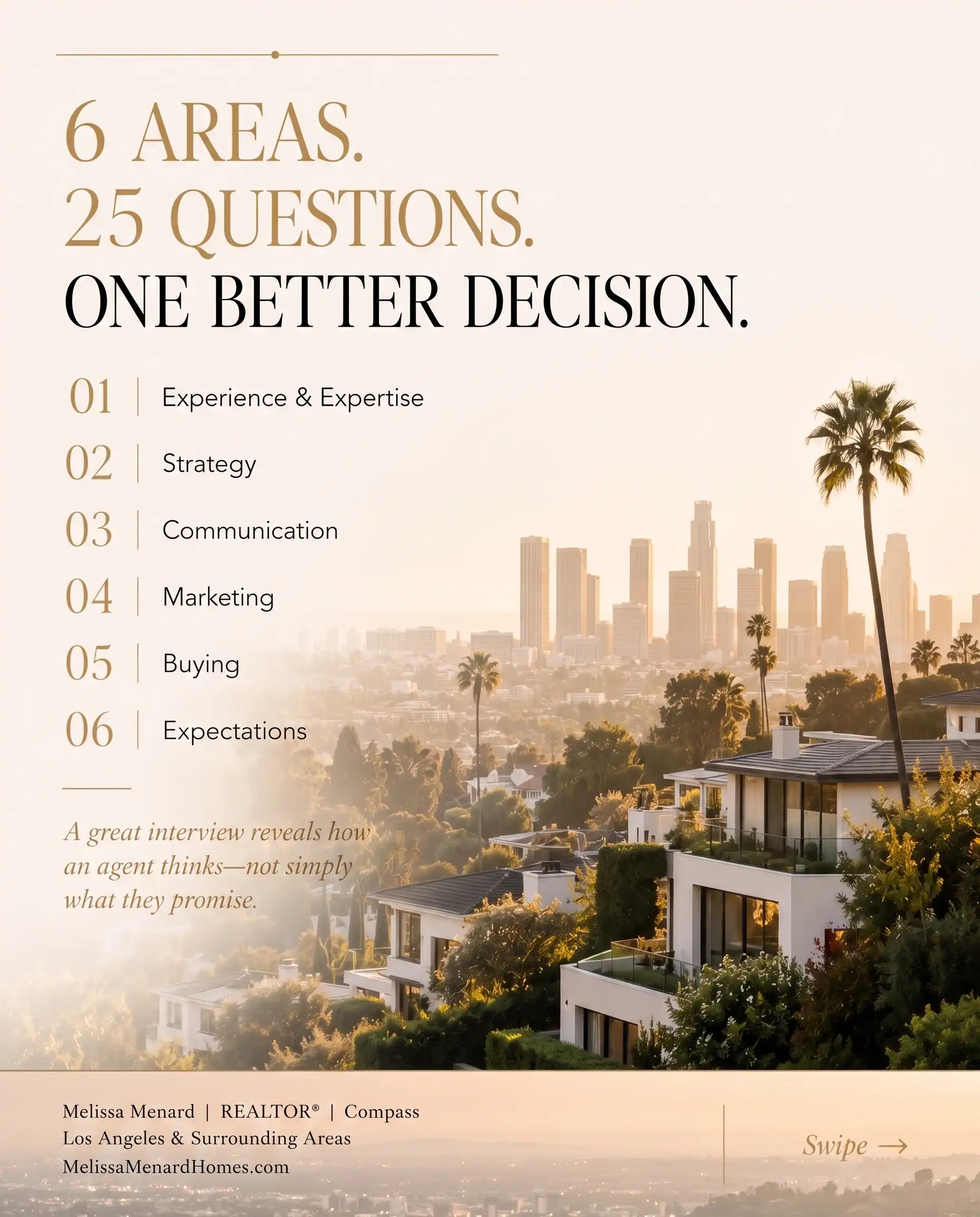 Informational text outlining six interview topics: Experience & Expertise, Strategy, Communication, Marketing, Buying, and Expectations. The background shows an elevated view of multi-story hillside houses, palm trees, and the downtown Los Angeles skyline at sunset.