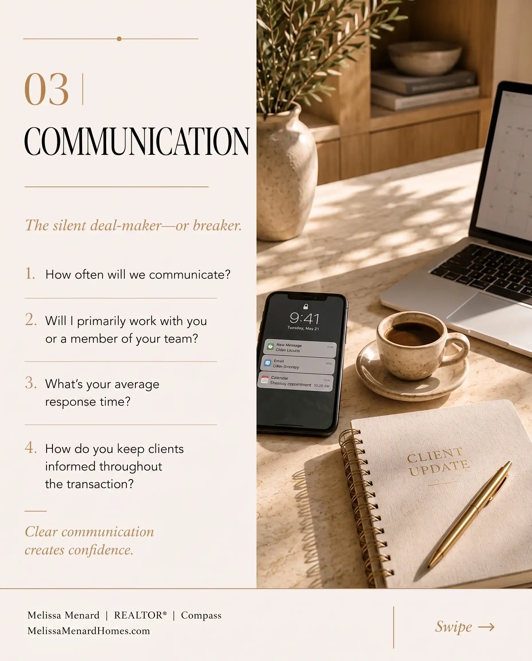 Slide section titled 03 Communication listing four questions about communication frequency, primary point of contact, response time, and transaction updates. Image shows a light-colored surface with a smartphone displaying notifications, a ceramic coffee cup, a laptop keyboard, and a spiral notebook labeled Client Update.