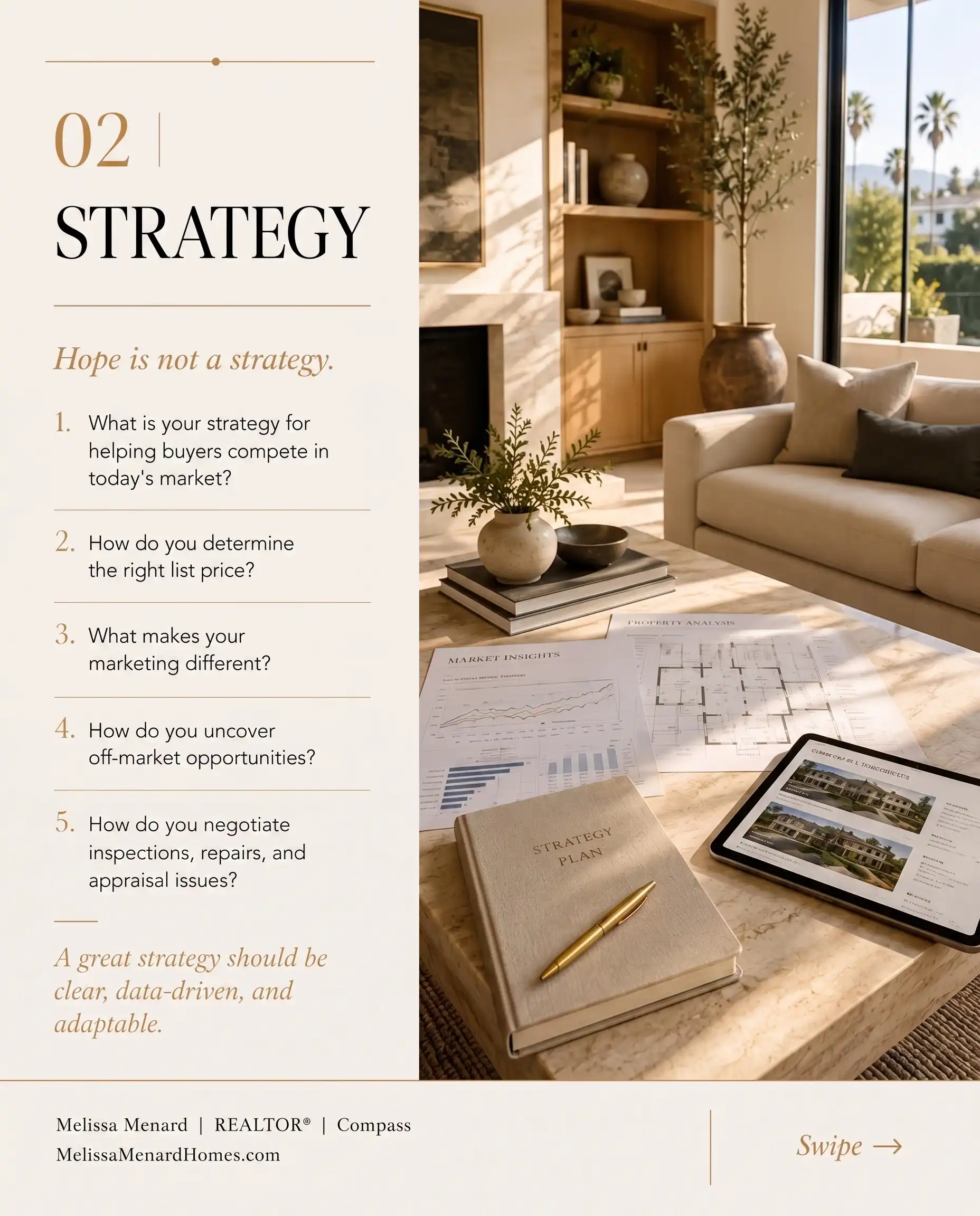 Slide section titled 02 Strategy featuring five questions about buyer competition, list price determination, marketing differences, off-market opportunities, and negotiation. Visual displays a marble table holding a tablet, printed property analysis charts, a pen, and a notebook labeled Strategy Plan within a living room.