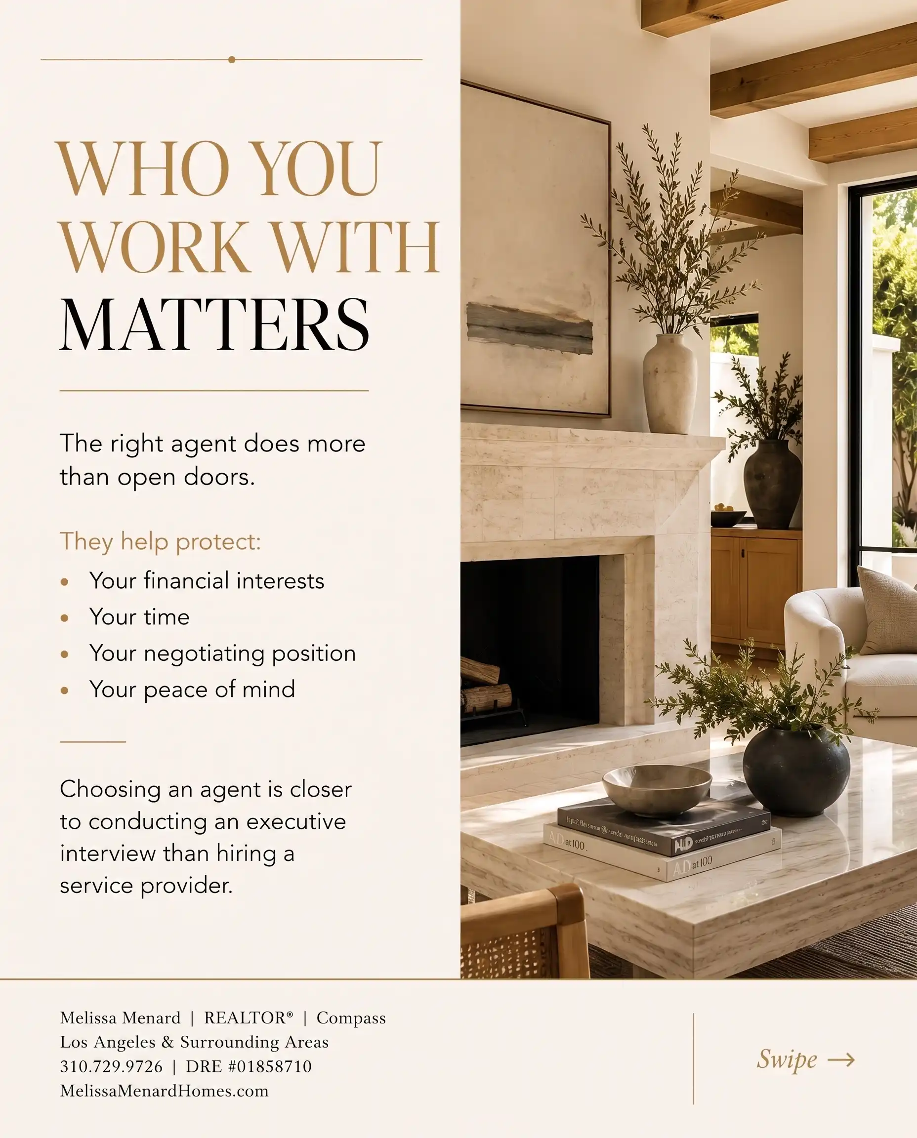 Graphic listing four ways an agent protects clients, displayed next to an interior view of a living room featuring a travertine fireplace, wood ceiling beams, a marble coffee table with books, and decorative greenery in a vase.