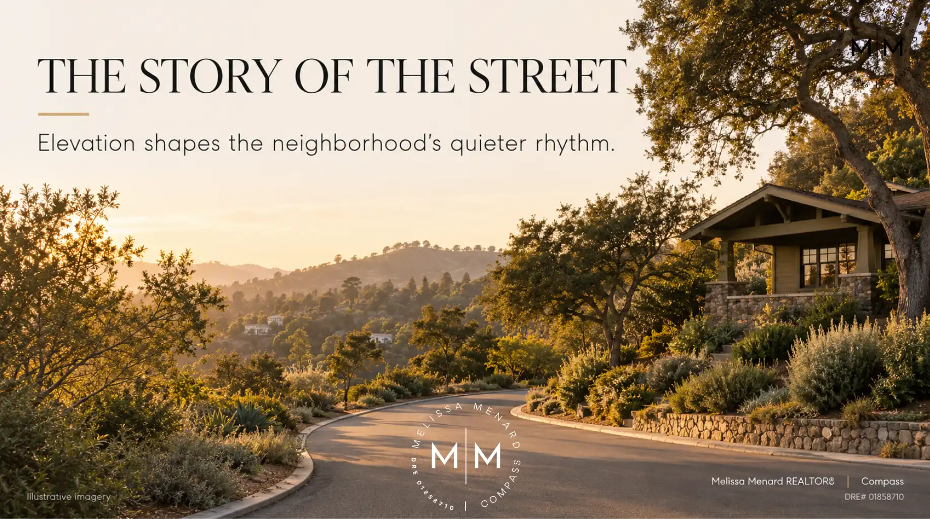 Curved hillside street lined with trees and a craftsman house during sunset with overlaid text.