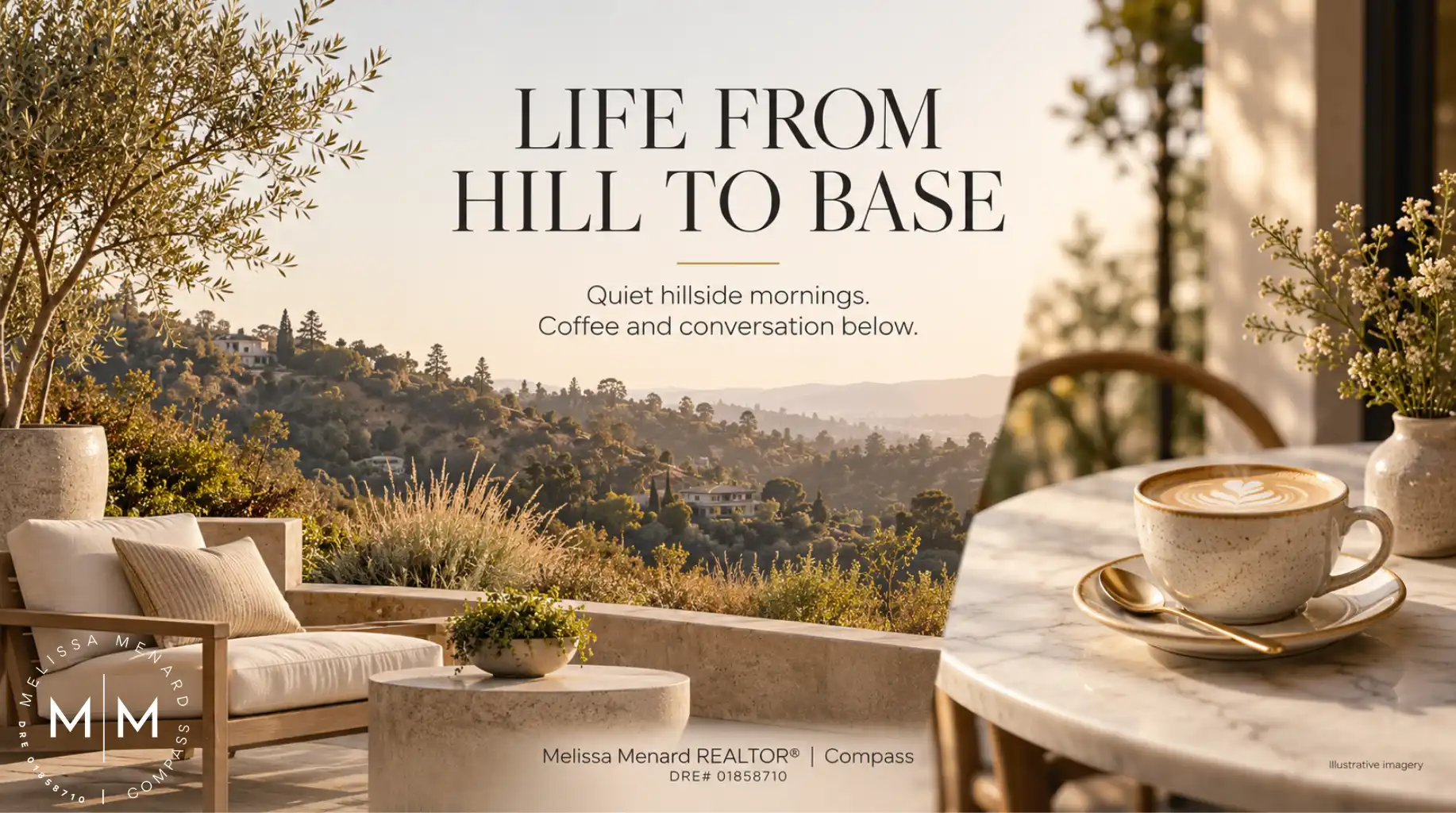 Split view of an outdoor patio overlooking hills and a close-up of a latte on a marble table.