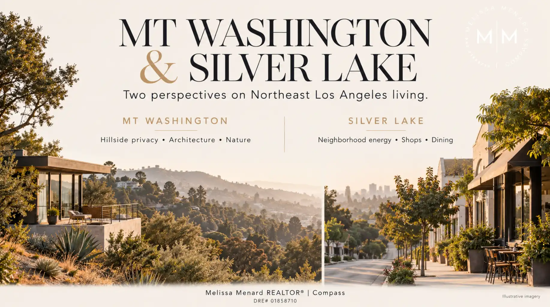 Split graphic showing a modern home on a hill and a street with shops, with text about Mt Washington and Silver Lake.