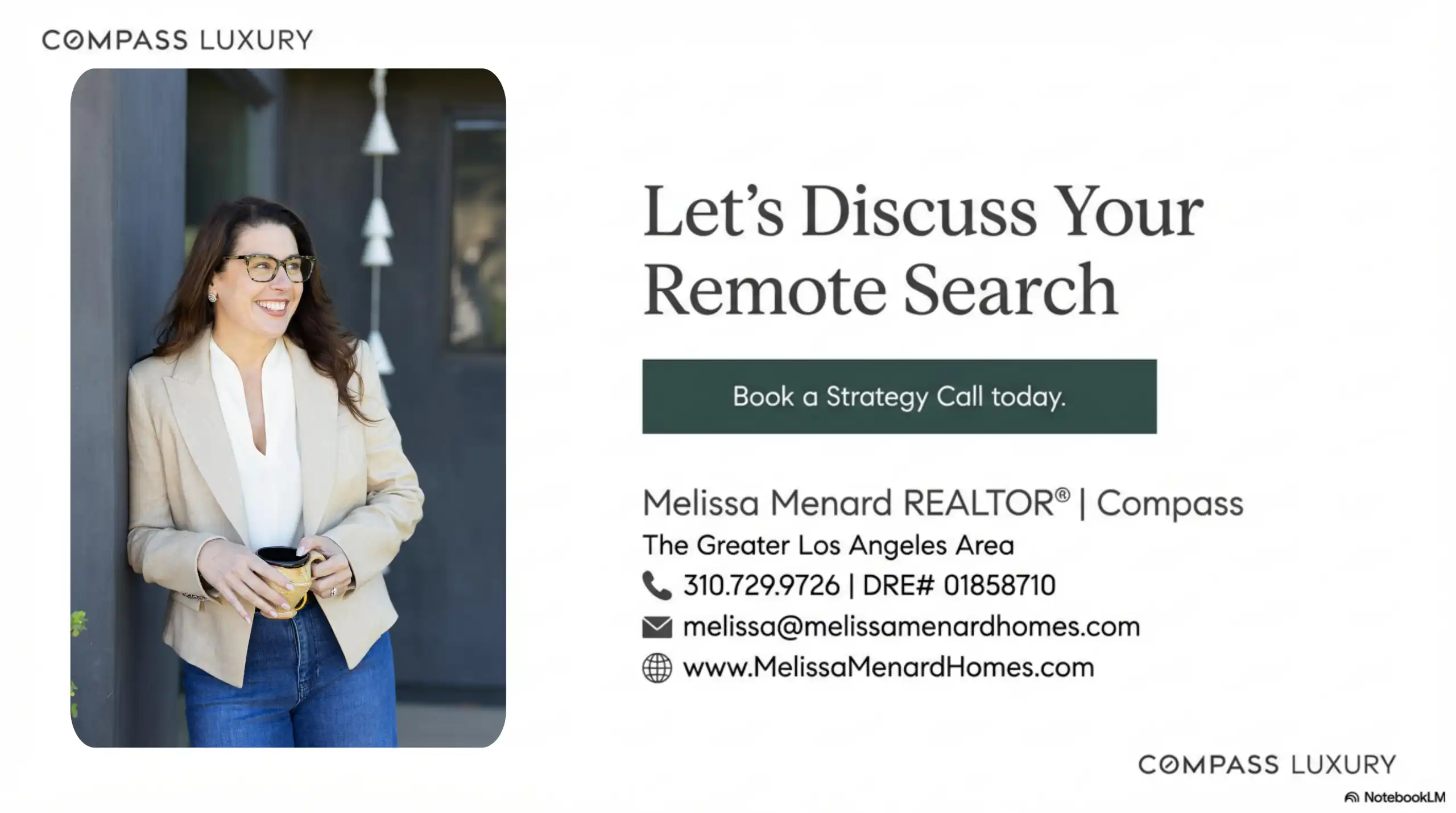 Professional contact information and licensing (DRE# 01858710) for Melissa Menard in the Greater Los Angeles area.