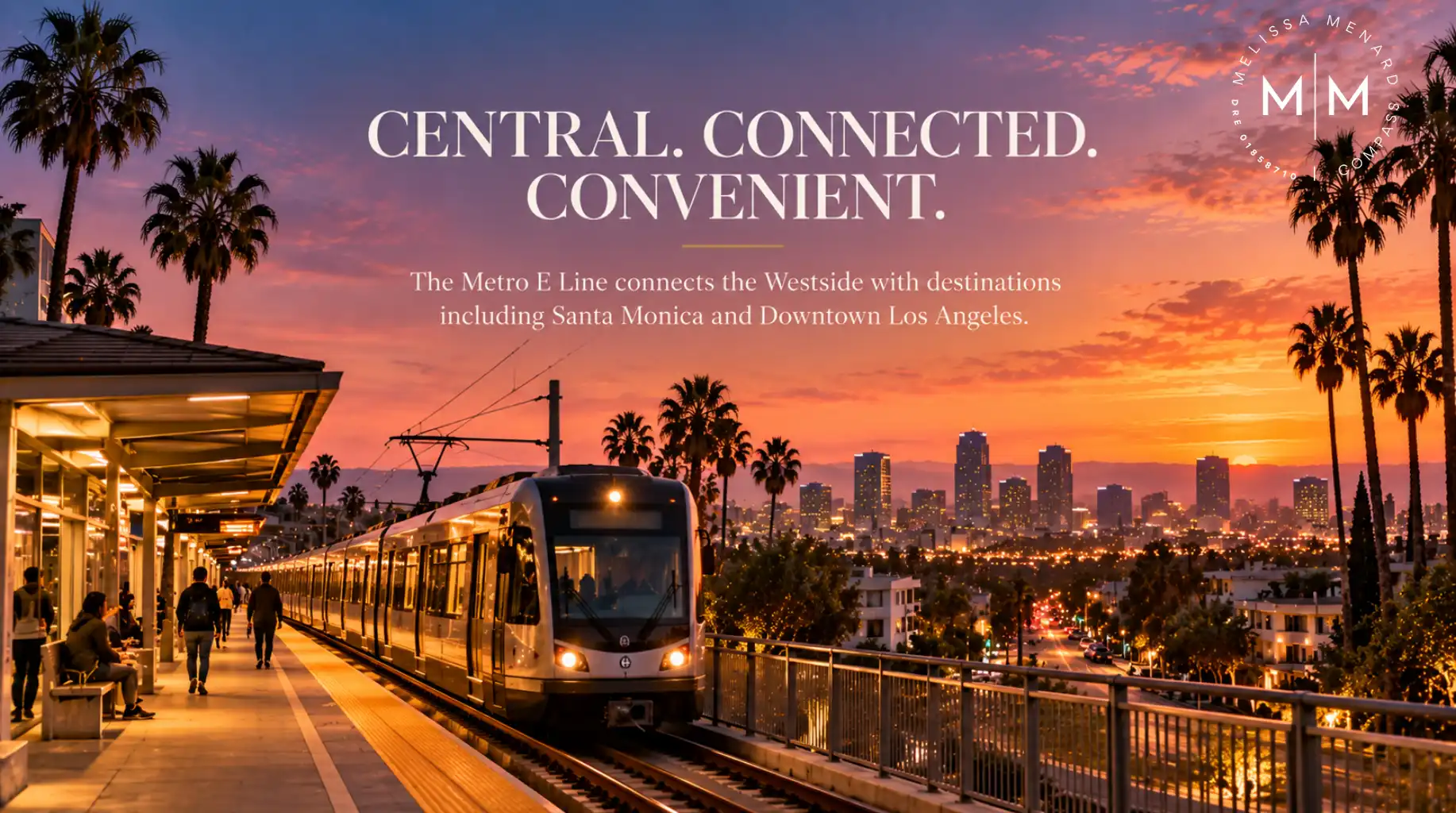 Train arriving at an elevated transit station platform during sunset with city skyline.