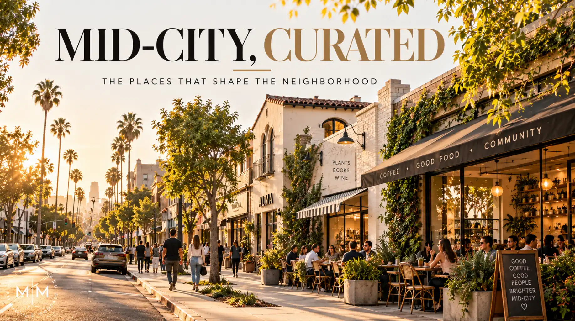 Mid-City commercial streetscape showcasing retail storefronts, sidewalk dining areas, and street parking