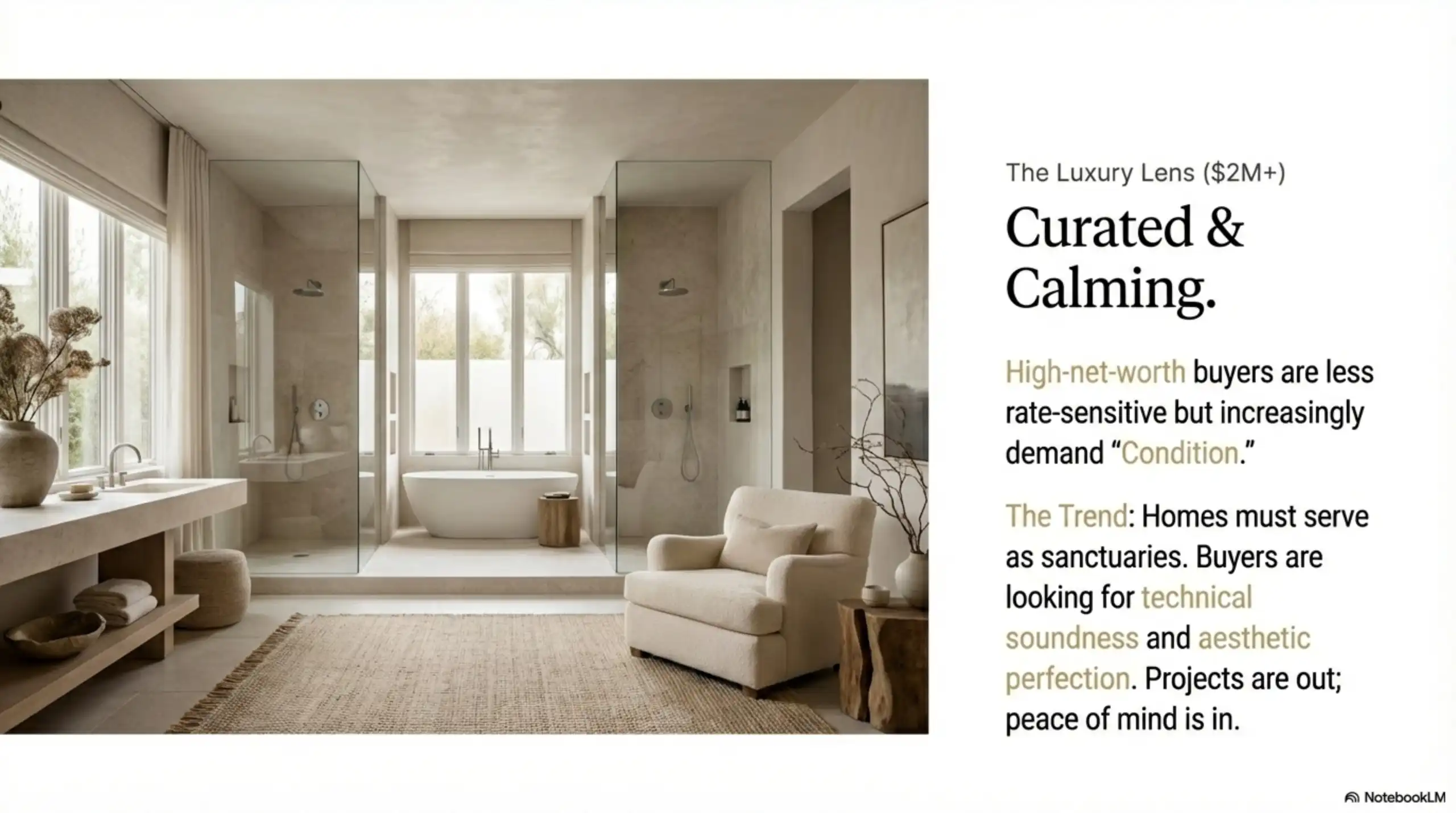 Presentation slide titled The Luxury Lens featuring a modern bathroom interior with freestanding tub and text regarding buyer demand for condition.