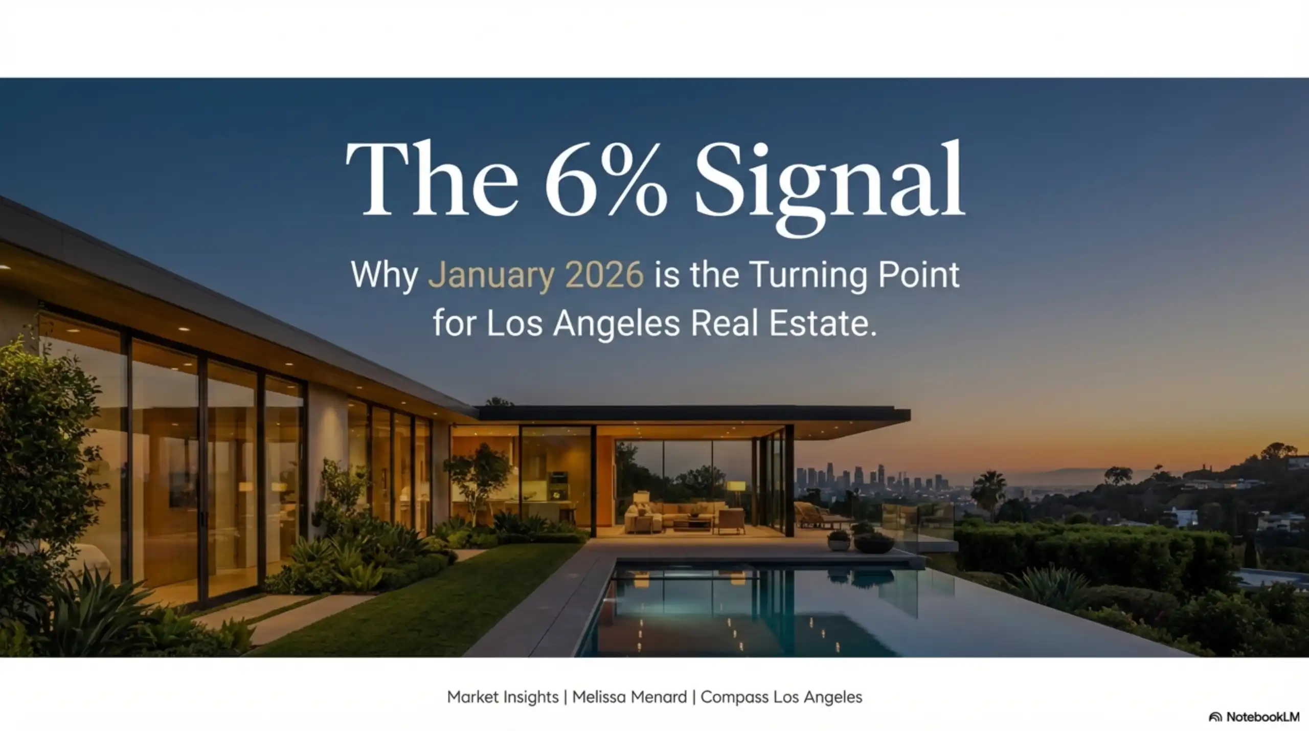 Presentation cover slide titled The 6 Percent Signal featuring a modern home with a pool at twilight overlooking a city skyline.